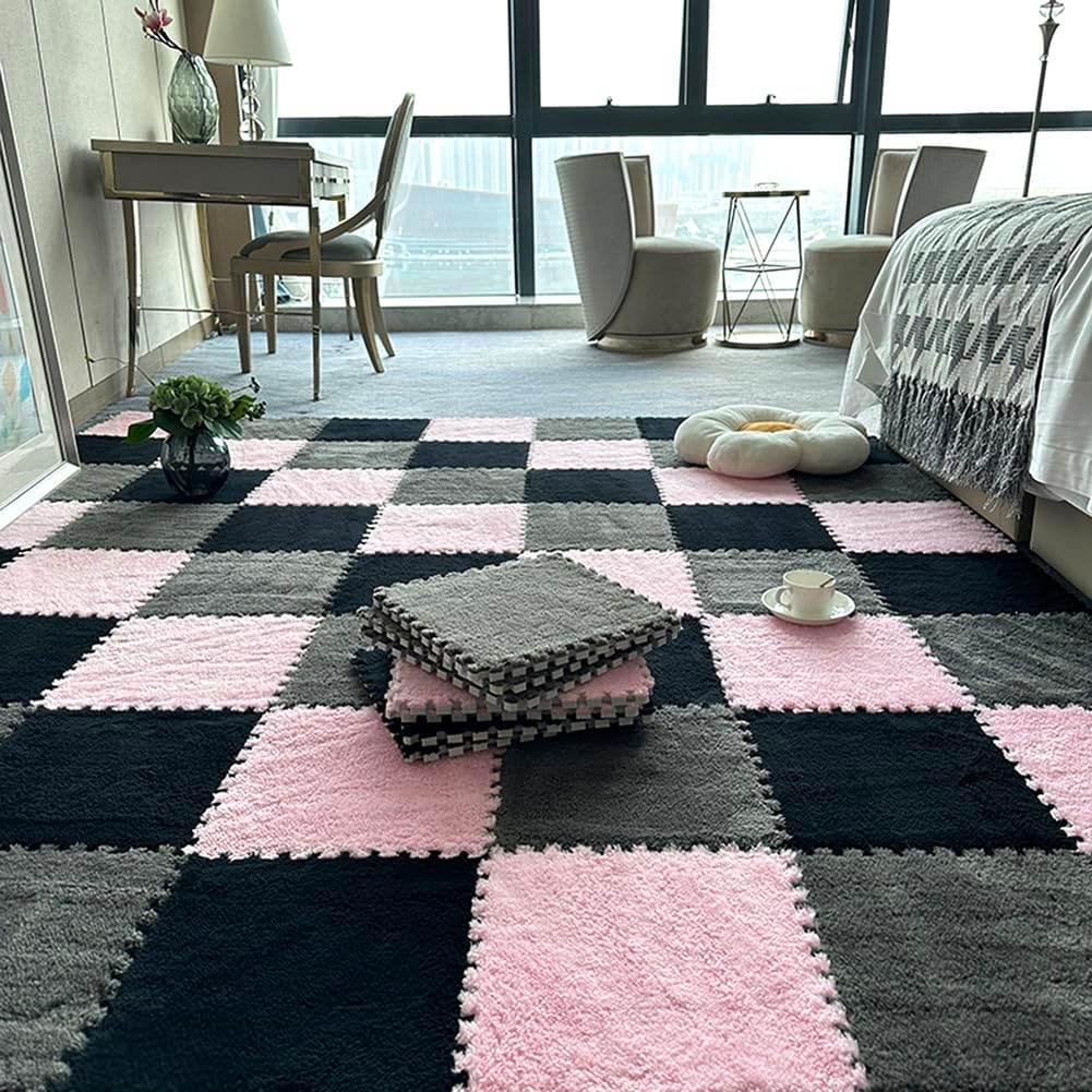 18-Pack Interlocking Carpet Tiles - 12x12 Inch Soft Foam Mats, Non-Slip Puzzle Area Rugs for Easy Cleaning & Comfort, Gray, White & Blue - Ideal for Home & Playroom