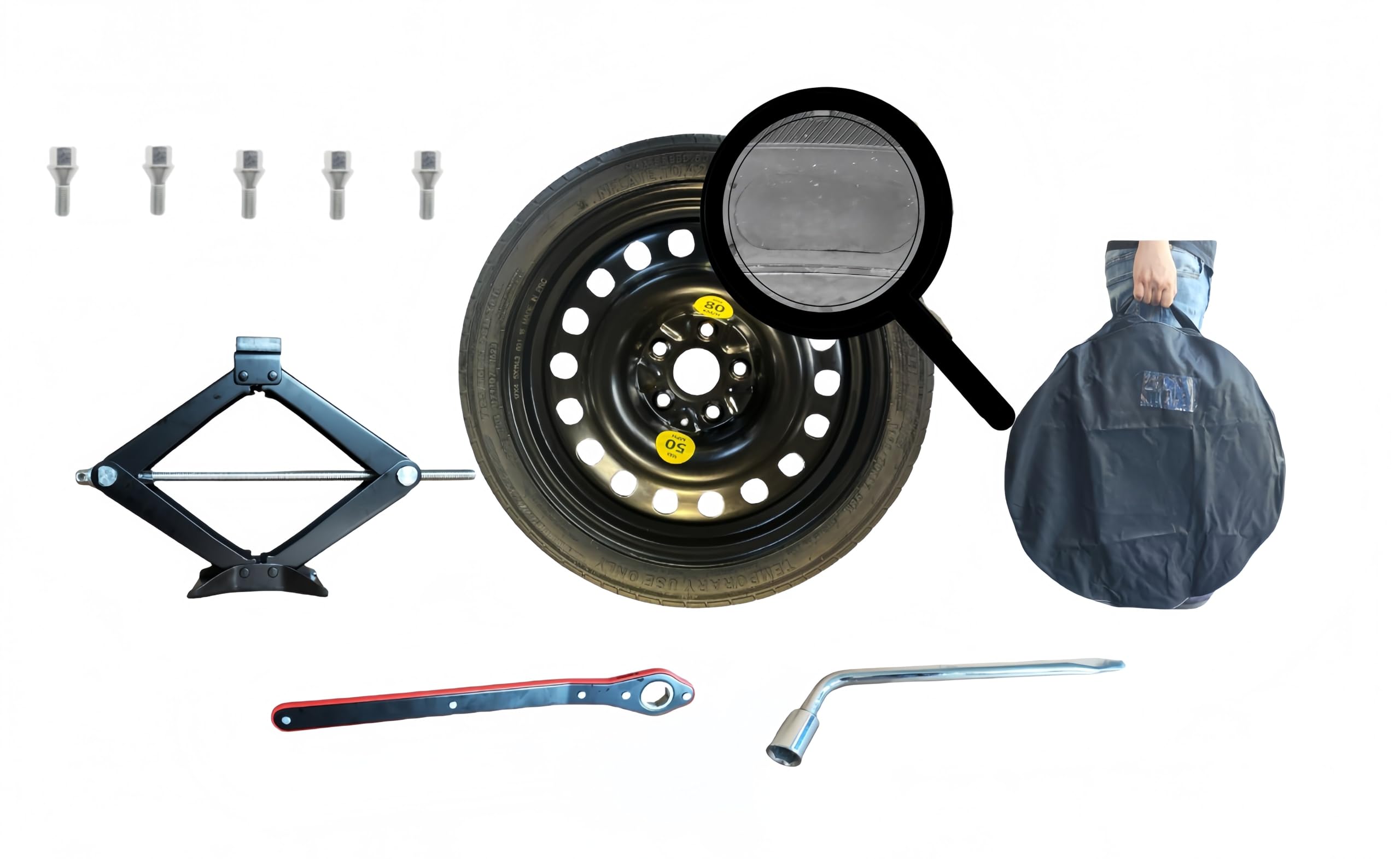 Kit de roue de secours 19" compatible avec Citroen C5 Aircross de 2025 Mild Hybrid Essence avec Cric, Clé, Boulons, Gants et Sac, 145/80R19