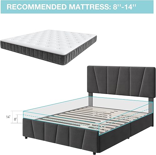 Miniatura 8 de IDEALHOUSE Base de cama tamaño Queen con 4 cajones de almacenamiento y cabecero, marco de cama tapizado con soporte de listones de madera, no