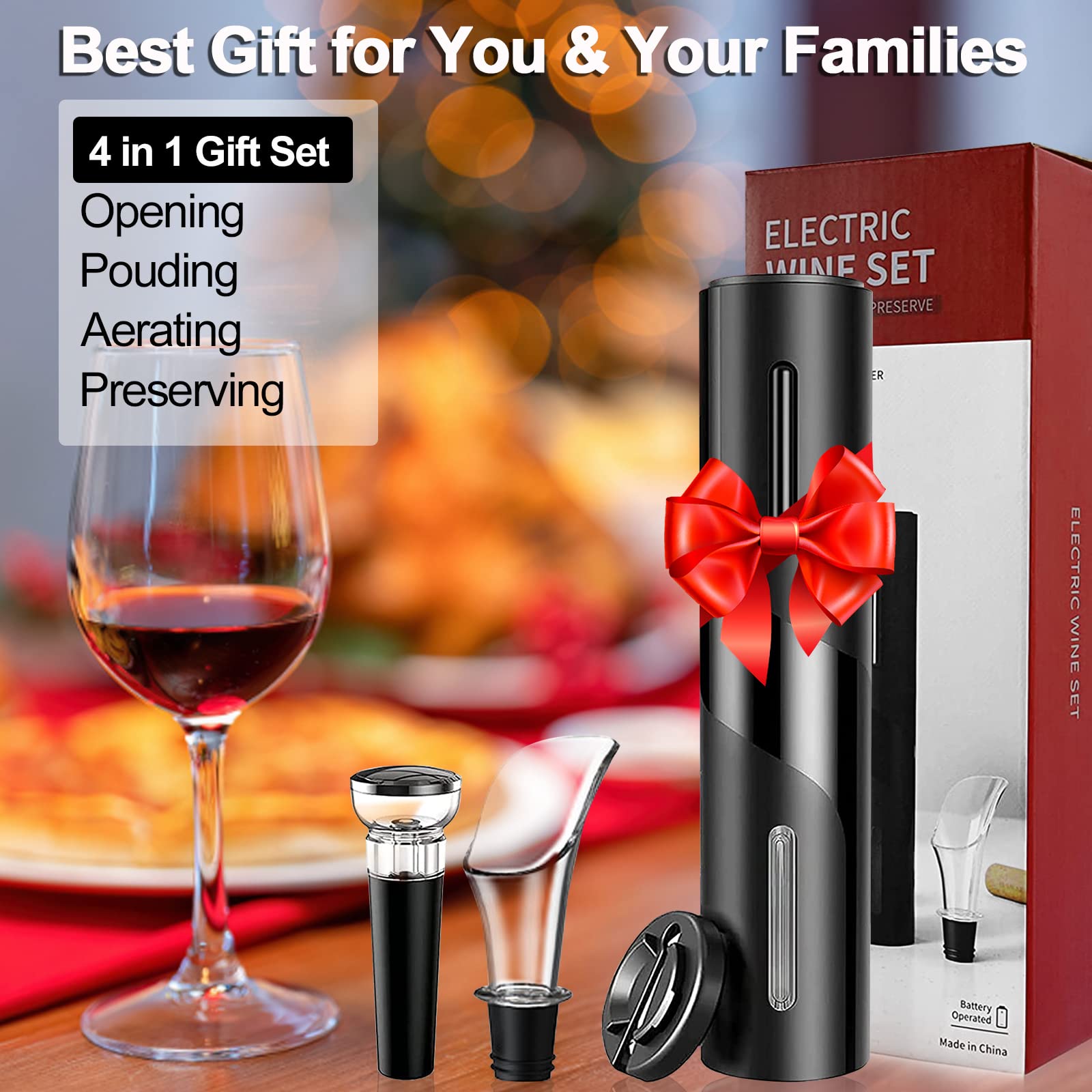 Cavatappi Elettrico 4 in 1 Automatico a Batteria con Taglierina e Tappo Sottovuoto per Cucina Bar Feste