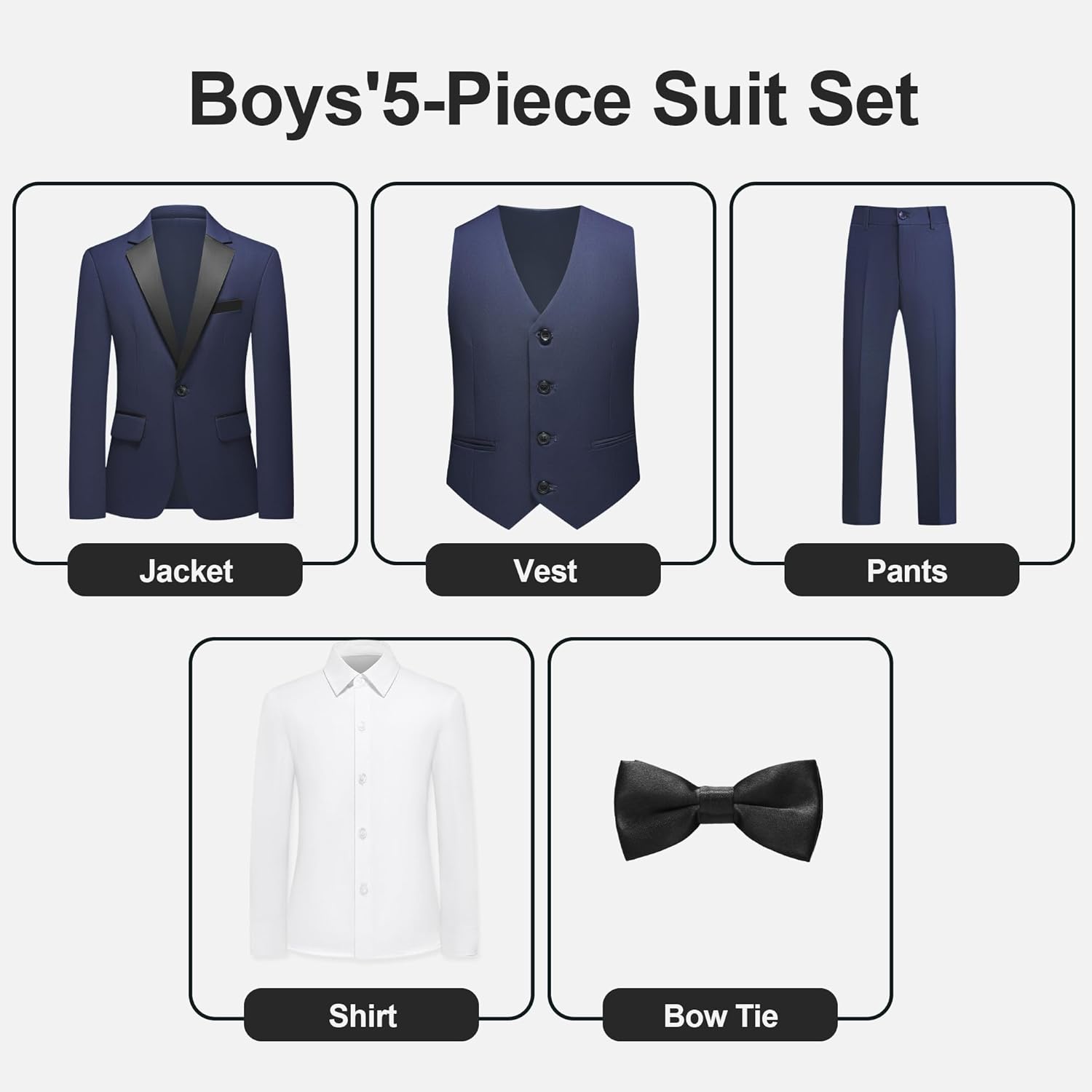 Boys'5 Pieces Formal Suit Set Kids Outfit Wedding Tuxedo with Vest Shirt Bow Tie for Teens 4T-18 Years