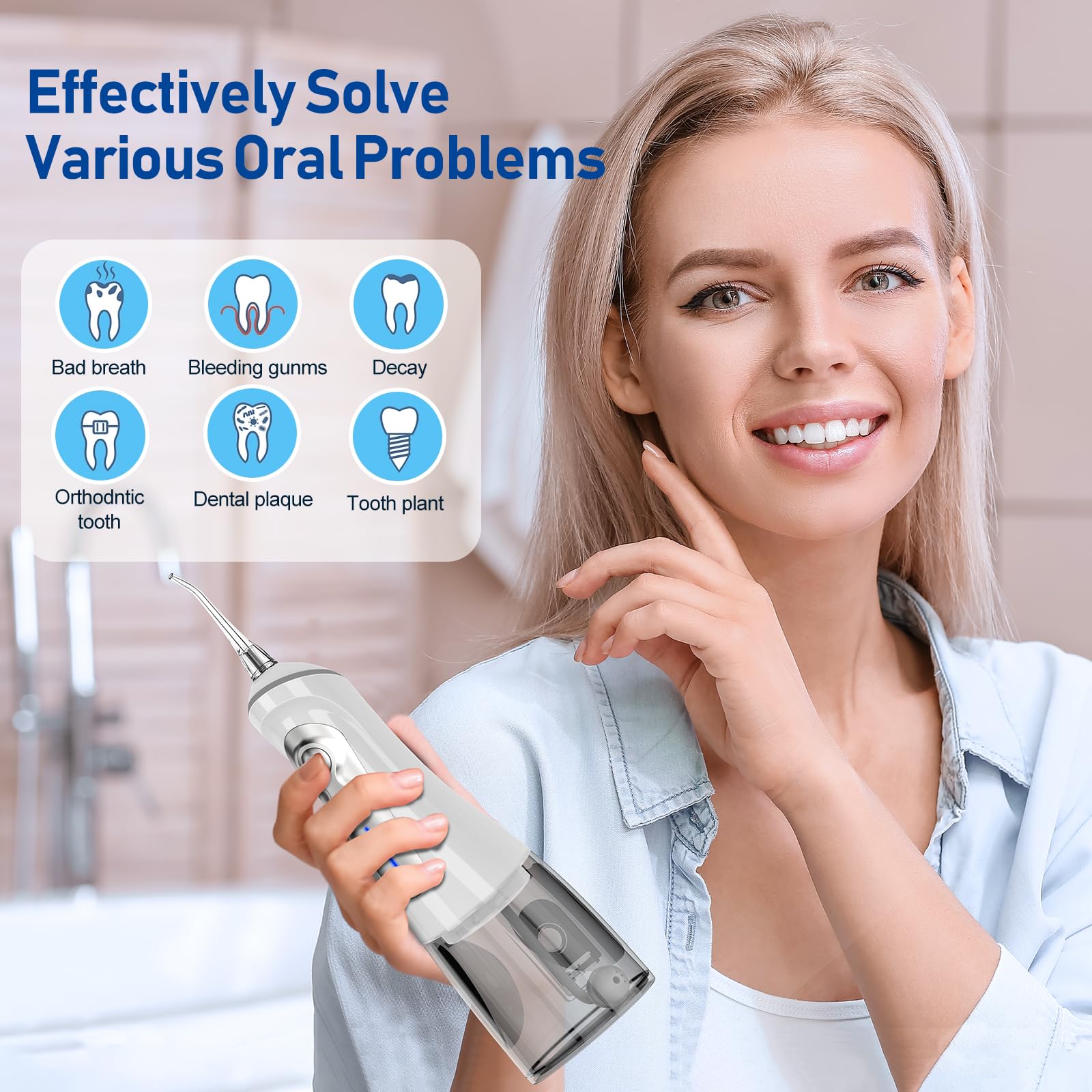 NBGRLVS Plettri per la pulizia dei denti, 6 modalità, 6 punte e custodia per acqua, filo interdentale, senza fili, 320 ml, IPX 7, impermeabile, ricaricabile, portatile, pulitore elettrico per la casa