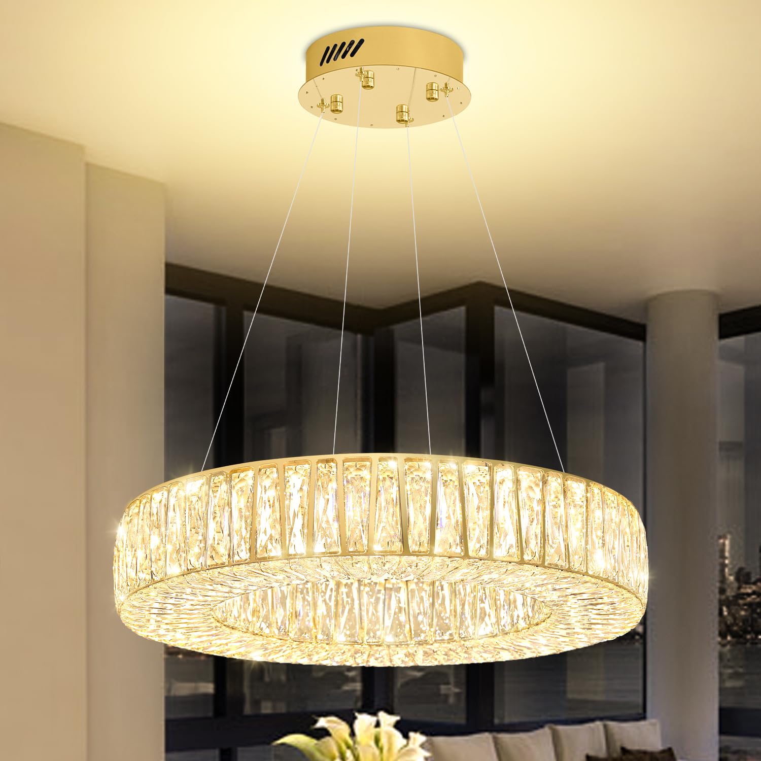 WOSOHYUN 24in Gold Ring Chandelier Modern LED Round Crystal Chandeliers for Living Room Dining Room Bedroom Flush Mount Ceiling Lighting Height