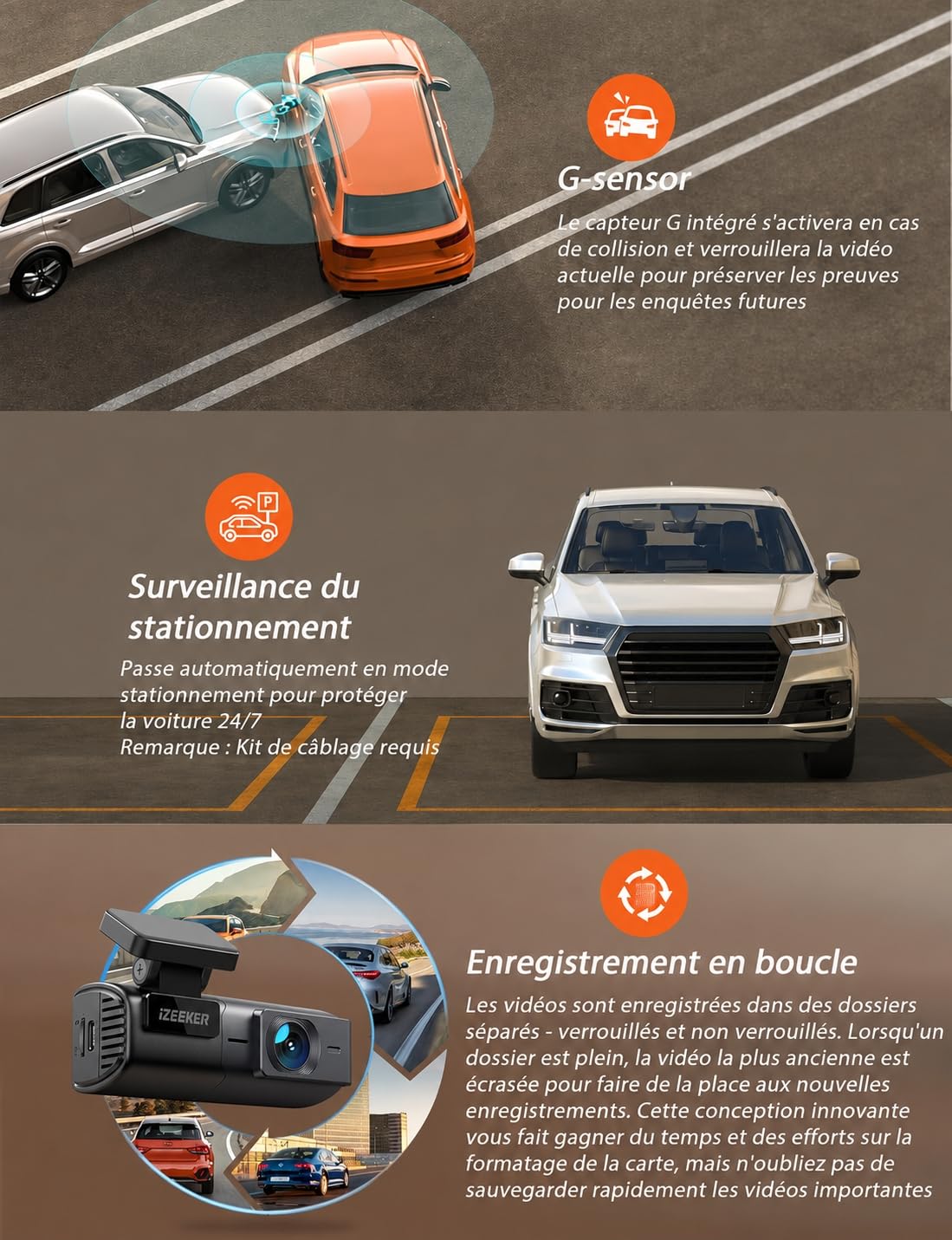iZEEKER 2.5K Dashcam Voiture, Camera Voiture 1440P WiFi, Mini Dash Cam Avant avec App Contrôle, Vision Nocturne, WDR, Capteur G, Enregistrement en Boucle, Mode Parking 24H