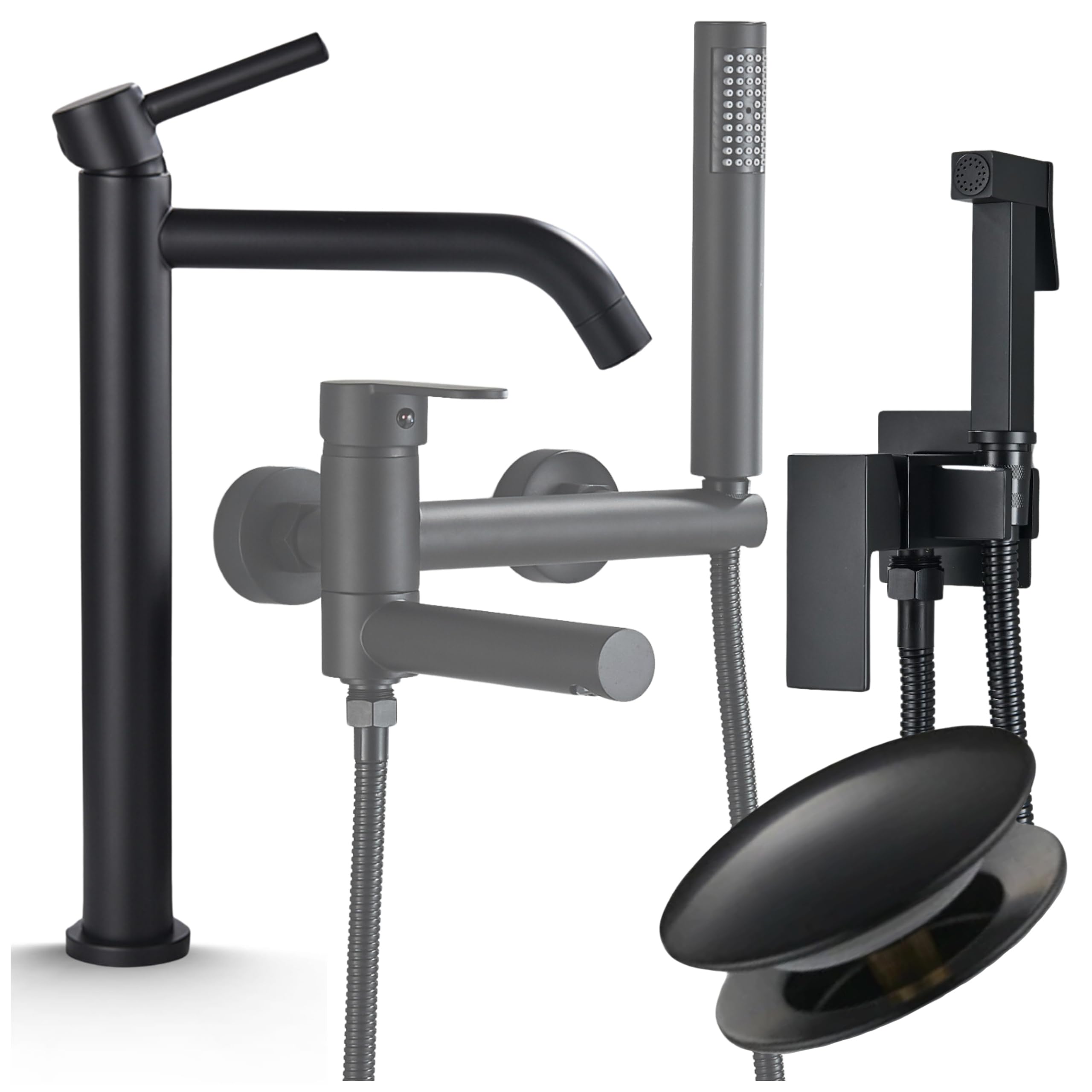 Ari Juego de grifos de baño de tubo delgado con grifo de lavabo, grifo bidé y válvula de desagüe Click-Clack de latón y válvula de cerámica, juego de 4 piezas (montaje en pared)