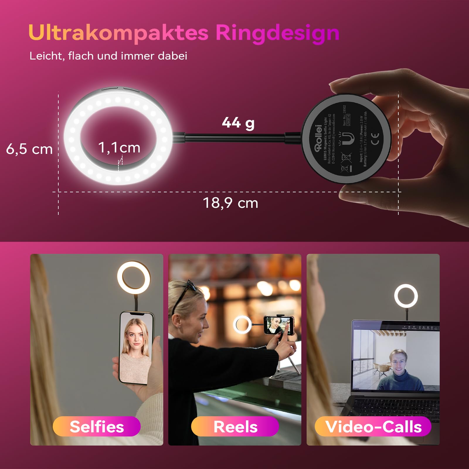 Ringlicht Handy, Rollei Magnetische Selfie Light Kompatibel mit iPhone Android Smartphone Tablet Laptop, Klein Flexible Licht für Streaming TikTok Webcam Zoom Vlog, Selfie-Licht-Handy-Led-Ringlicht