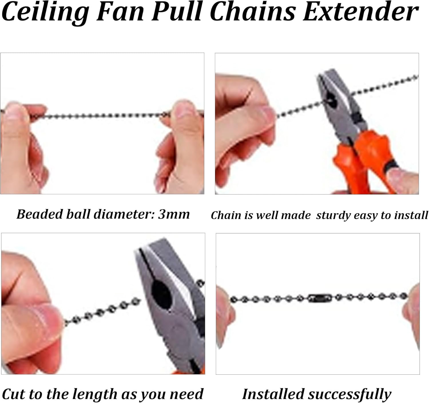 4PCS 14 Inch Ceiling Fan Pull Chains Extender, Dragonfly and Butterfly Pendant Pull Chain Extension, Decorative Silver Beaded Ball Chain Set for Fans Ceiling Lights Lamp - Image 6