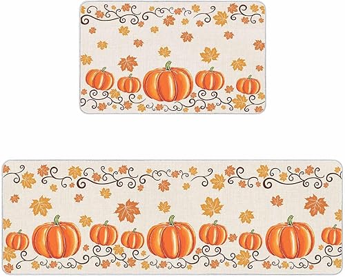 Alfombras de cocina de Acción de Gracias, 2 piezas de hojas de arce y calabaza naranja, antideslizantes, para piso, alfombra de pasillo lavable para