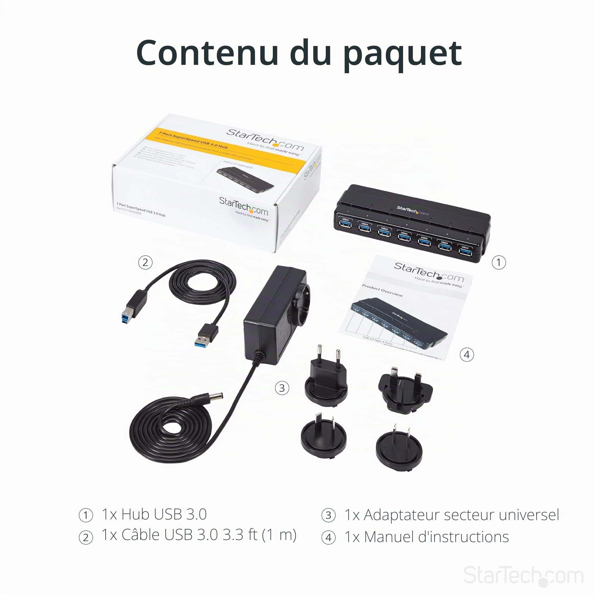 StarTech Hub USB 3.0 7 Ports 5Gbps, Adaptateur Alimentation (ST7300USB3B) | Station d'accueil, dock, Concentrateur, Alimenté par USB, Plug-and-play