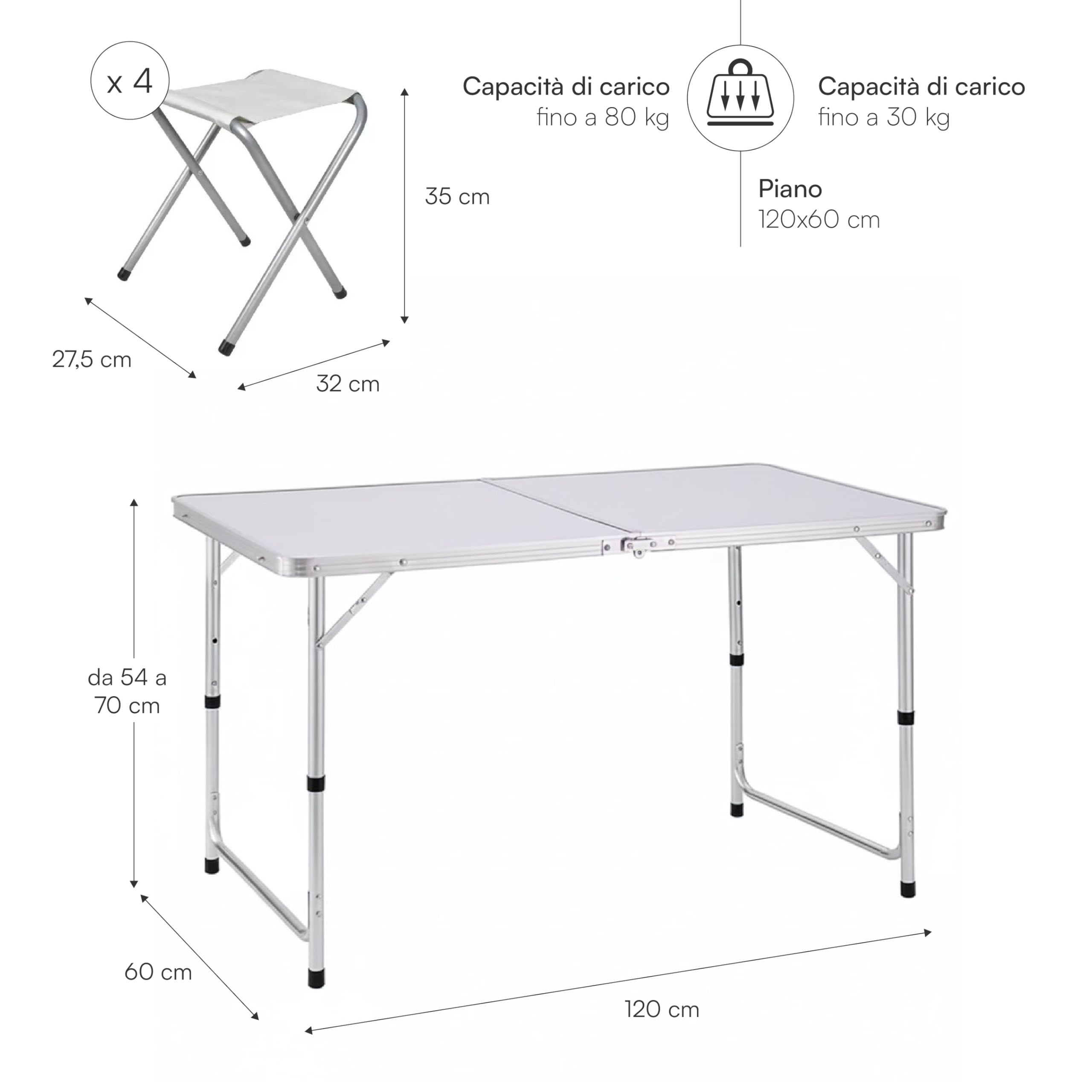 Baroni Home Mesa plegable de camping, mesa portátil plegable de aluminio con tablero de fibra de densidad media, ligera, ideal para camping, playa, picnic y al aire libre (mesa blanca 120 cm + sillas)