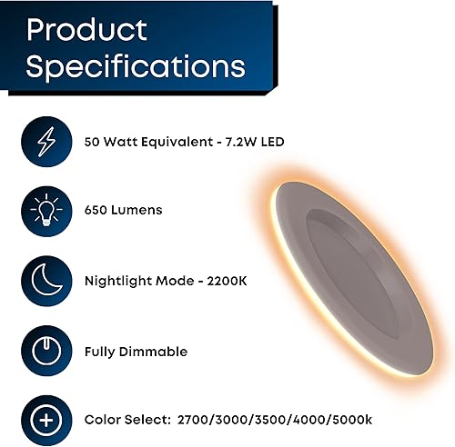 Miniatura 3 de Feit Electric Lámpara empotrable LED de 4 pulgadas con modo de luz nocturna, equivalente a 50 W, regulable, blanco seleccionable de 5CCT, 90 CRI,