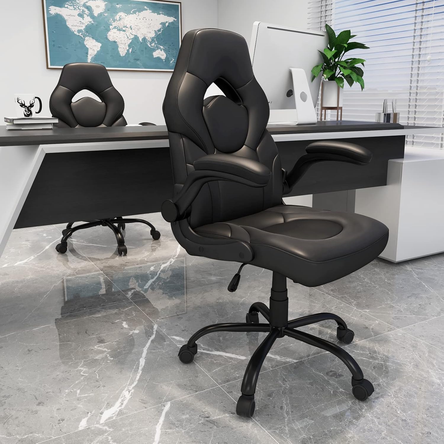 Home Office Chair, Ergonomic Computer Chairs with Flip-up Armrests, PU Leather Swivel Rolling Task Desk Chair, High Back Managerial Executive Chairs, Black… : Office Products