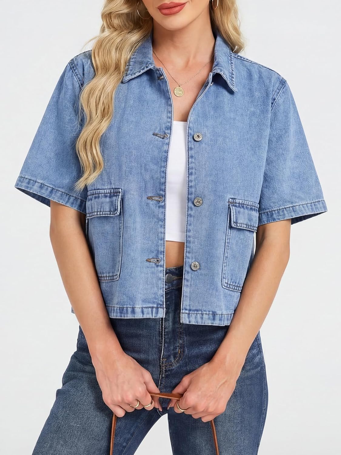 Womens Crop Denim Jacket Summer Short Sleeve Boxy Fit Collared Jean Top with Pockets