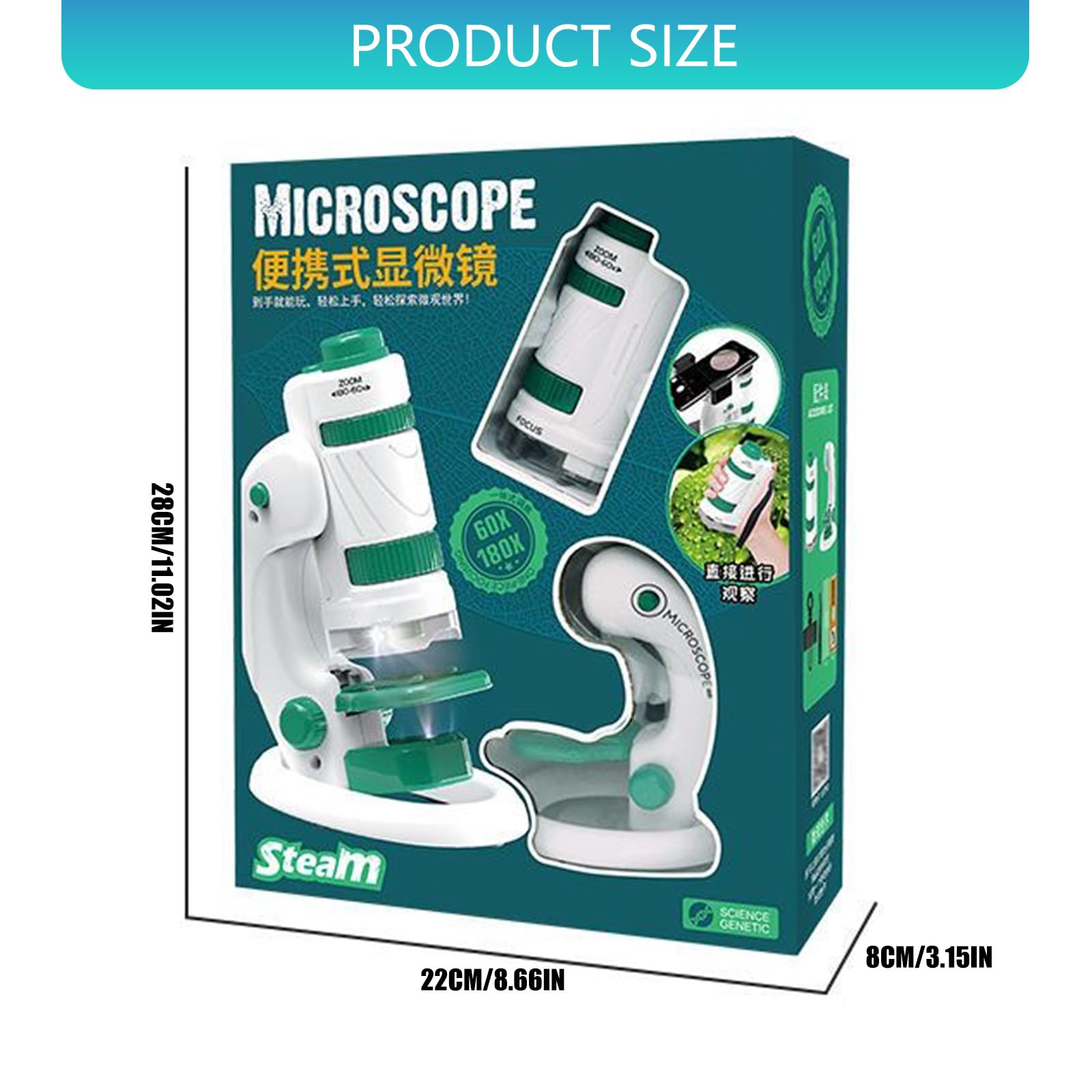 Instrument scientifique portable avec grossissement de 60 x 180x, base amovible, lumière LED, instrument à 12 diapositives avec base