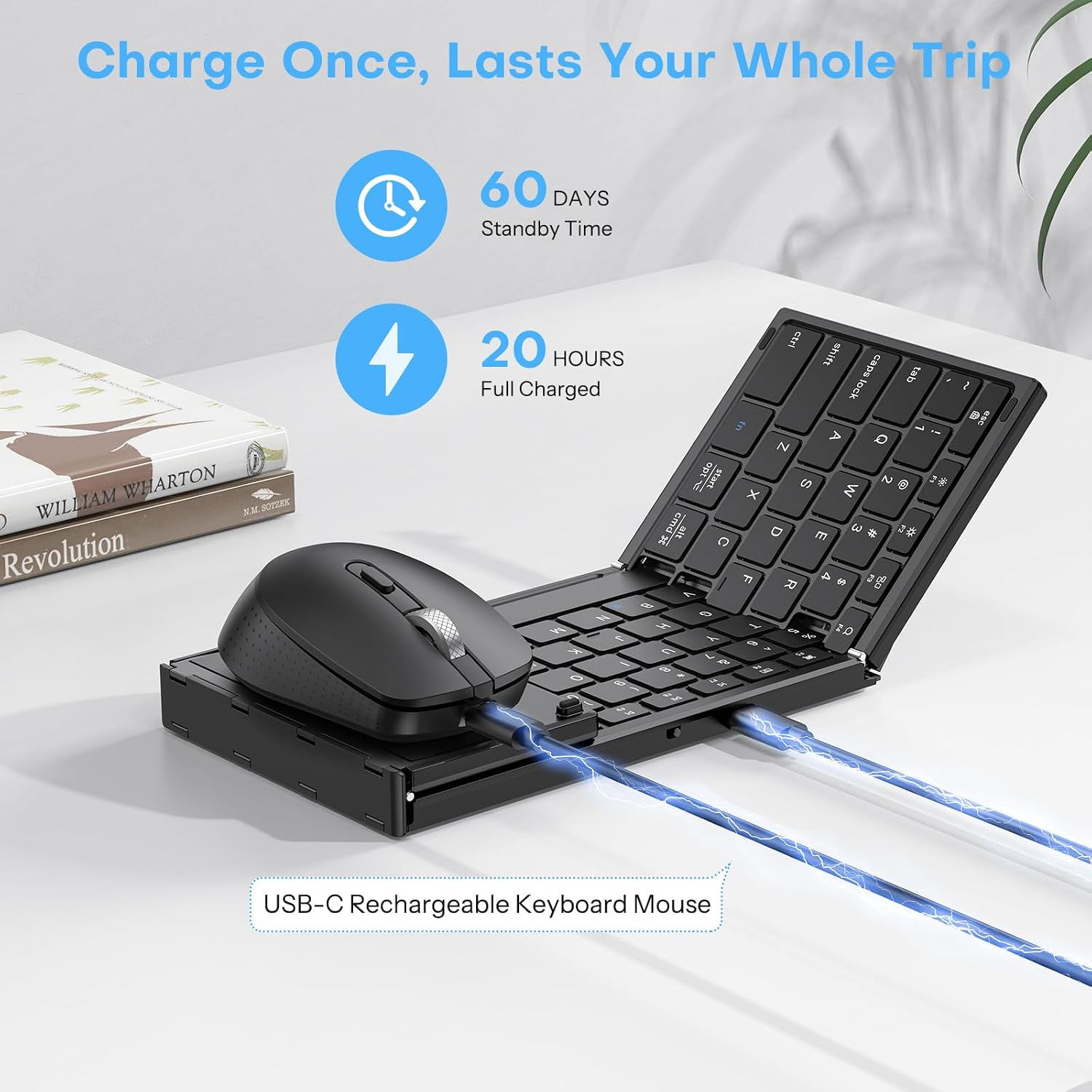 Foldable Keyboard and Mouse for 3 Devices, OMOTON Wireless Bluetooth Combo | USB-C Rechargeable, Ergonomic Mouse, Full-Size Folding with Numpad for Mac/Windows/iPhone/Tablet, Travel Portable, Black