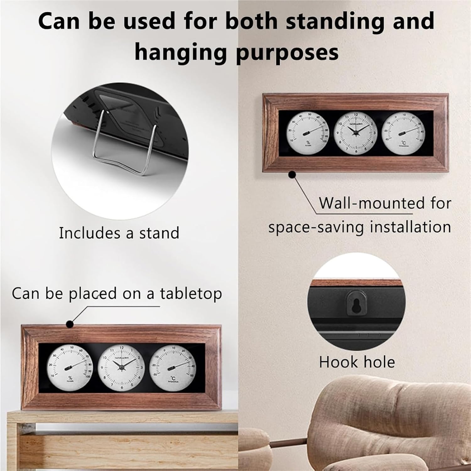 3 in 1 Weather Station Clock, Hang-Stand Design, Combined Temperature and Humidity Clock, Decorative for Home Living Room Kitchen Office