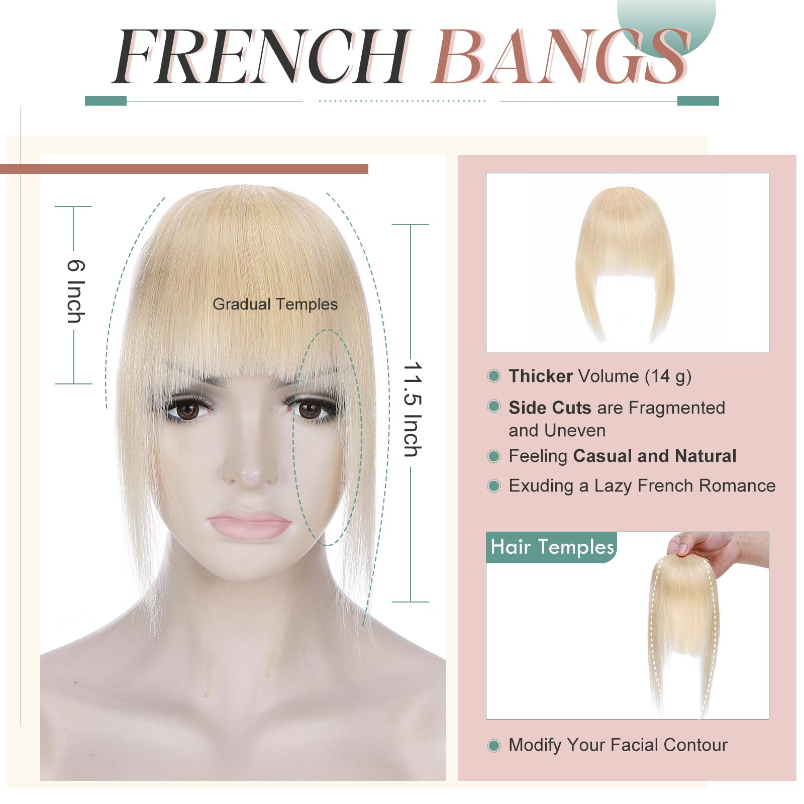 Elailite Clip in Bangs Real Human Hair French Bangs Neat Fringe With Temples Natural HairPiece Extension For Women - Image 3