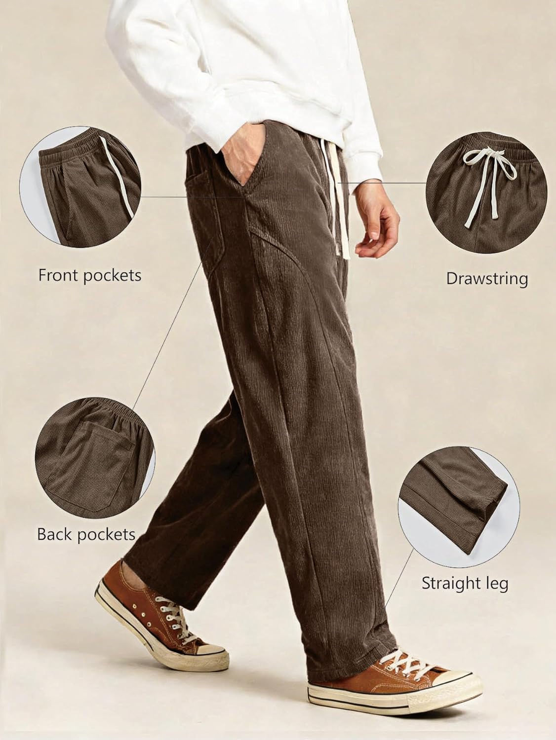Men's Corduroy Wide Leg Fashion Casual Pants Loose Fit Baggy Straight Sweatpants Elastic Waist Drawstring - Image 5