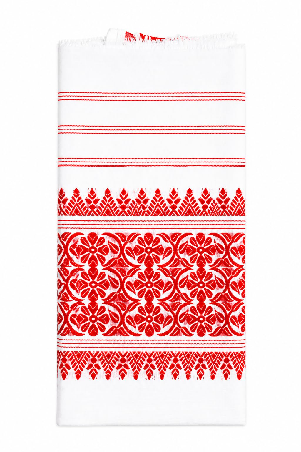 LoomoraIndia Traditional Assamese Red & White Cotton Gamosa Scarf for Men & Women | Pure Cotton Gamcha Angavastram | Soft, Lightweight | Ethnic Wear, Puja & Cultural Use (Pack of 1) 22 * 58 Inches-picture-21