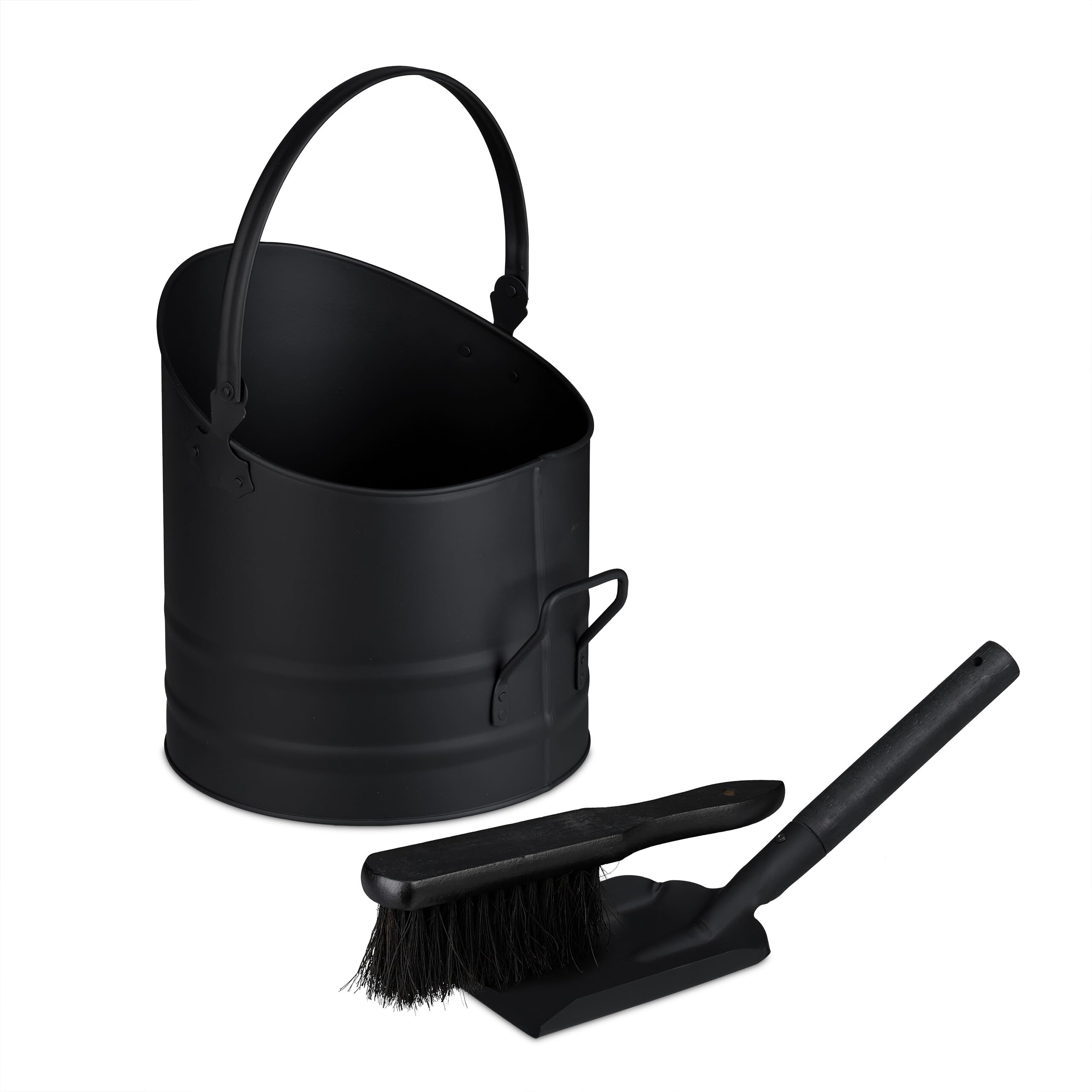 Relaxdays Secchio Raccogli Cenere e Legna da Ardere, Cestello 9,5 L con Scopa e Paletta da Camino, Cestino Ferro, Nero