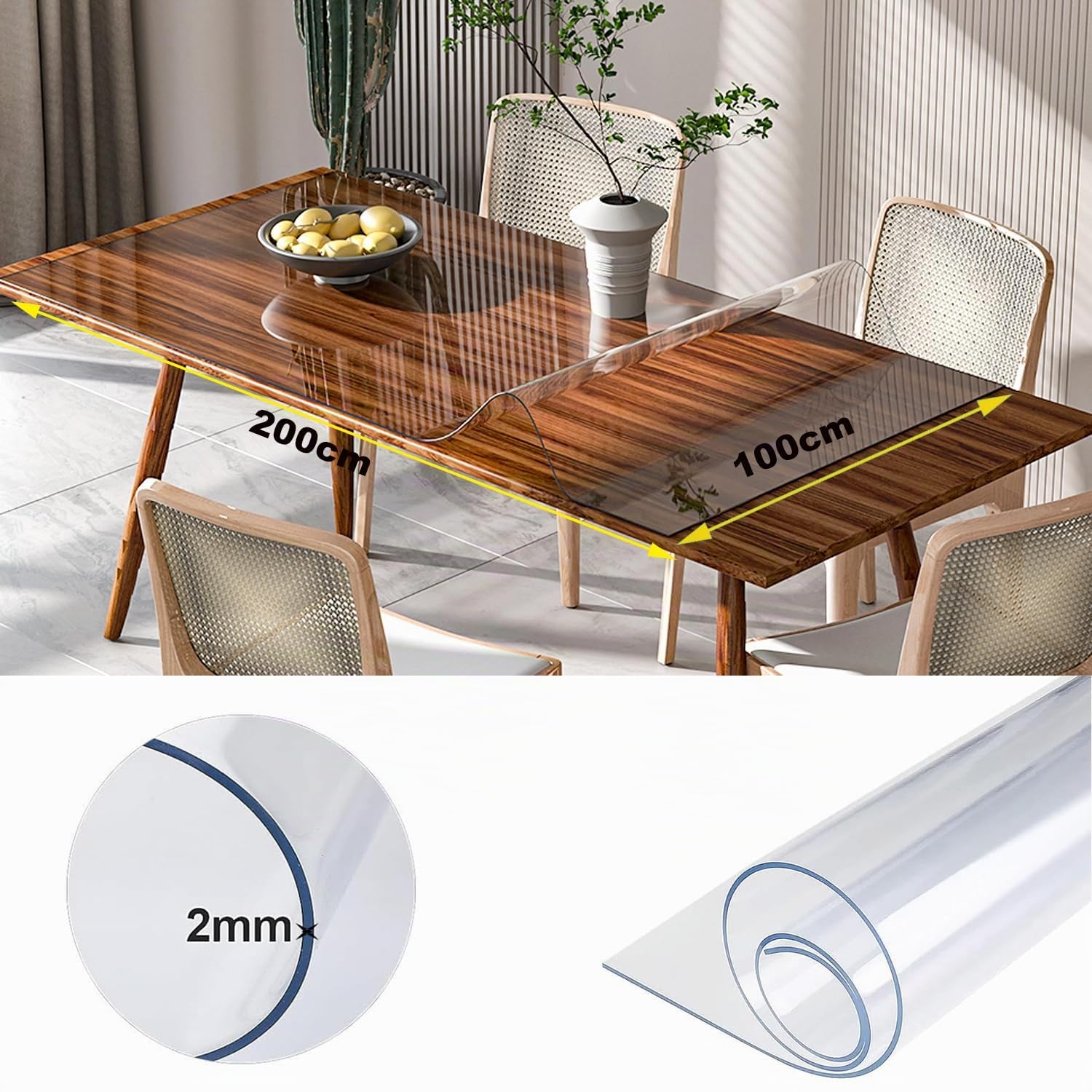 Nisorpa Protector de mesa transparente, 200 x 100 cm, mantel transparente de PVC de 2 mm de grosor, mantel transparente impermeable para mesas de comedor