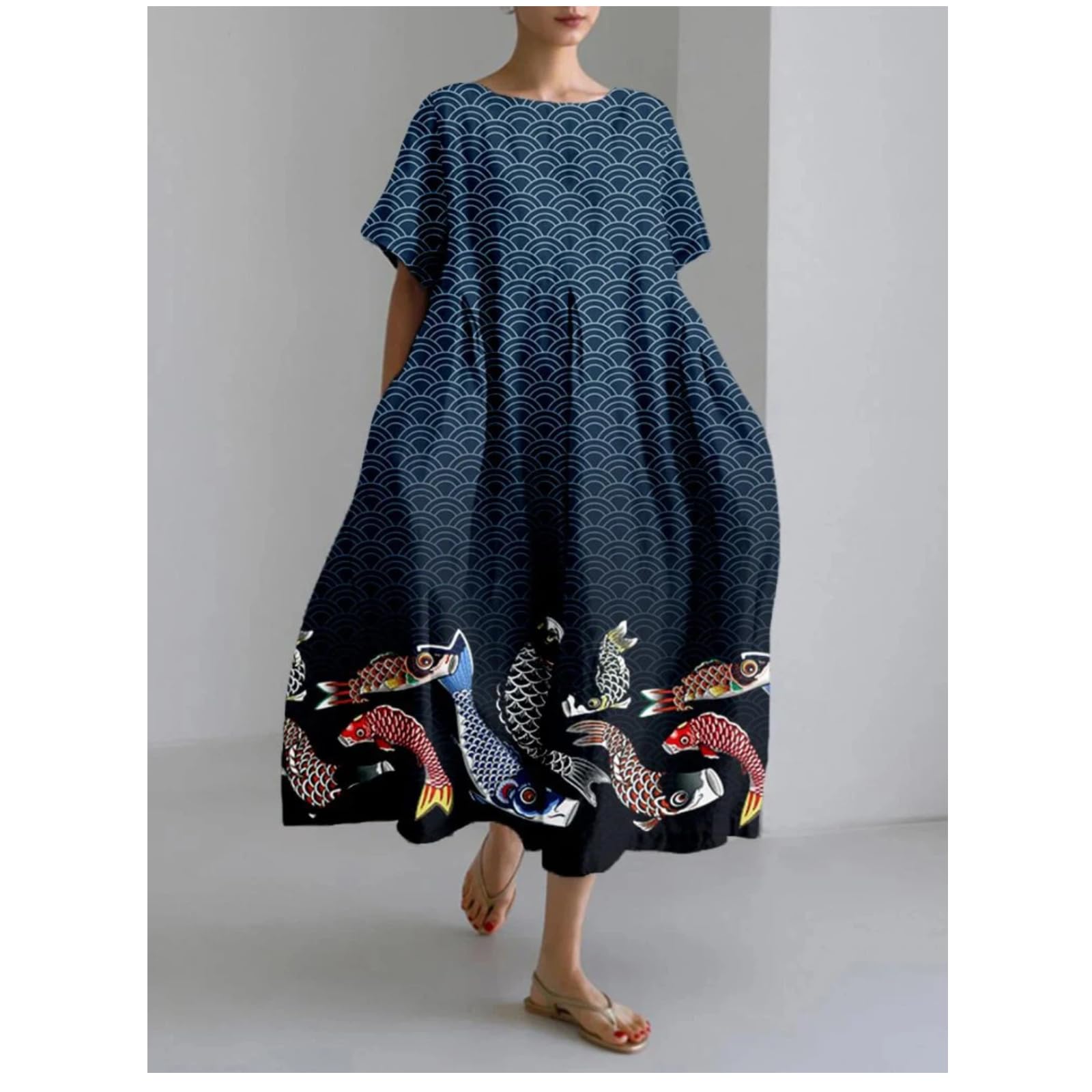 Vestido Largo Casual de Cuello Redondo para Mujer Vestido de Verano con Estampado Street Vacation Vestido de Manga Corta