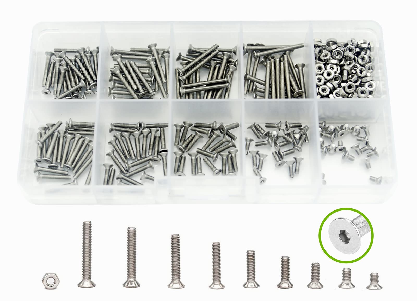 360Pcs Metric M2 304-Stainless Steel Flat Head Hex Socket Cap Bolts Screws Nuts Assortment Kit- M2 x 4mm/ 6mm/ 8mm/ 10mm/ 12mm/ 14mm/ 16mm/ 18mm/ 20mm
