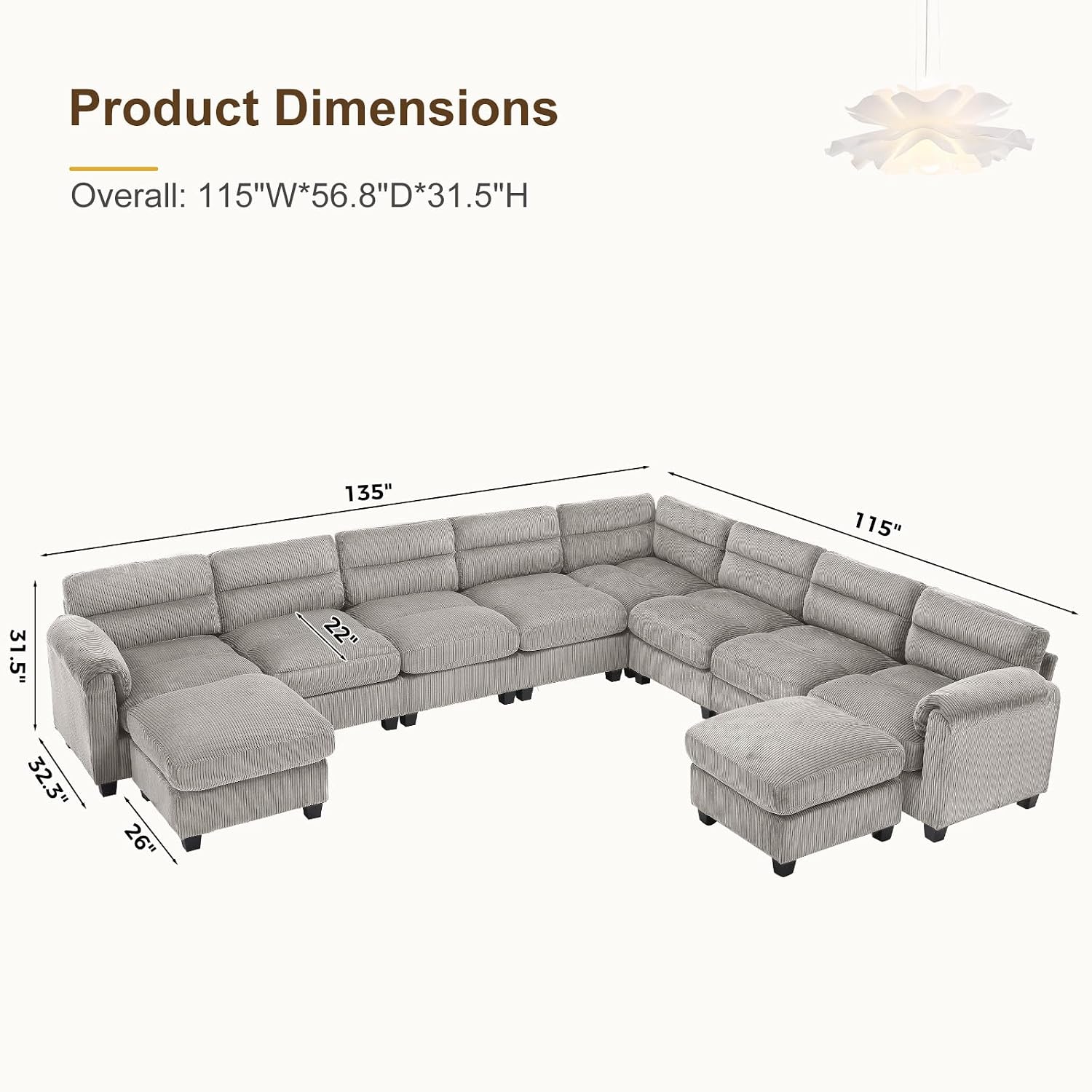 HAOMARKETS 135" Grey Corduroy L-Shaped Modular Sofa 10-Seater with 2 Ottomans Thick Cushions