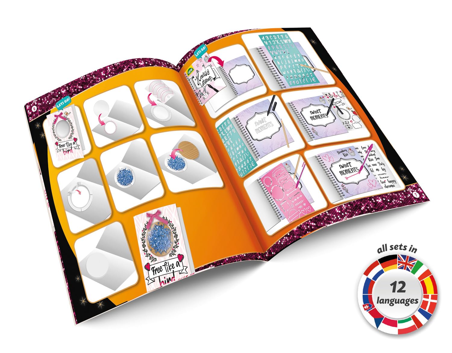Lena 42335 - Handlettering Set Groß, Malset mit illustriertem Ringbuch, 4 Buchstaben Schablonen, 4 Stiften, 4 Stickerbögen und 4 Klappkarten, Handschrift Schreibset, Kreativset für Kinder ab 8 Jahren