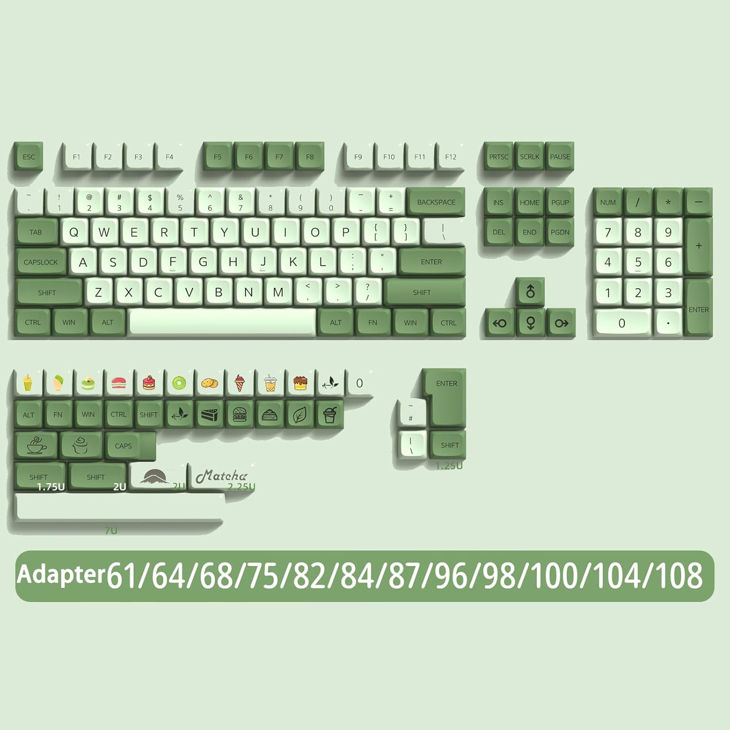 Catekro 139 Keys XDA Profile Keycaps 75 Percent, Round Dye- Sub PBT Keycaps 60 Percent Blue Cat Theme Keycaps 60% 75% Set for 60/75/87/96/98/100/104/108 Percent Switches Mechanical Keyboard (Green)