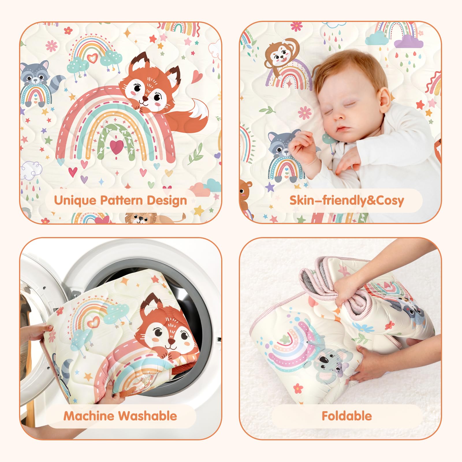 Baby Play Mats for Floor,127x127cm Foldable Playmat for Babies Toddlers,Thick Machine Washable Playpen Mat Pad,Soft Non-Slip Activity Mat for Crawling & Playing & Tummy Time,Boho Rainbow Animal - Image 4