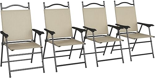 Outsunny Sillas plegables para patio, juego de 4 sillas deportivas para adultos, sillas de camping con reposabrazos, asiento de tela de malla