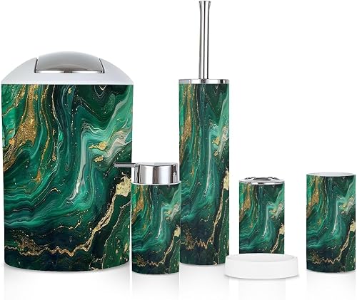 6 Piece Bathroom Accessories Set Green Marble Abstract Acrylic Marbling Artwork 