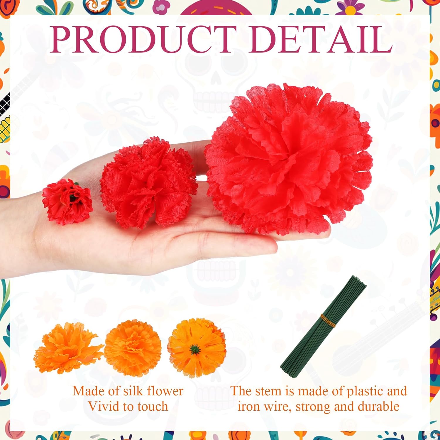 90 Pcs Marigolds Artificial Flowers Heads Bulk Mexican Party Decorations 4.72'' Artificial Butterfly 1.2'' 2'' 3.5'' Silk Marigold Flowers for DIY Xmas Party Garland (Multicolor) - Image 7