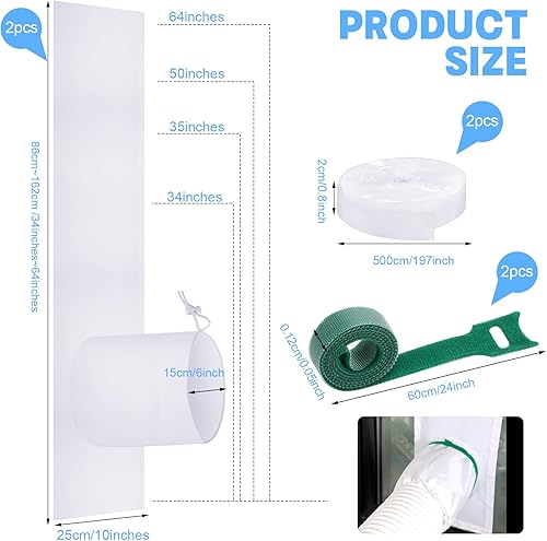 Miniatura 9 de Dandat Juego de 2 sellos de ventana portátiles para aire acondicionado portátil, kit de ventilación ajustable con cordón y cierre adhesivo para