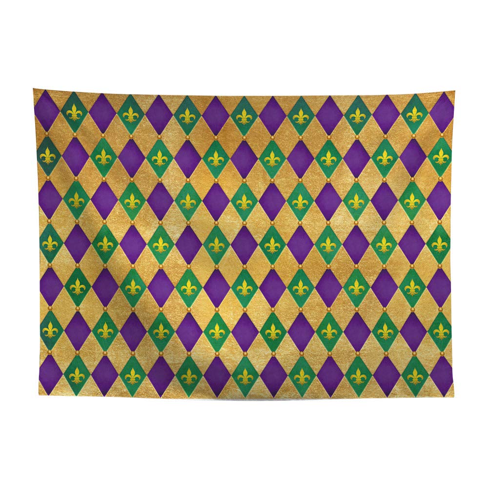 Aperturee Mardi Gras Round Backdrop, Purple Green Gold Feathers Masquerade Mask Background, Carnival Party Circle Cover Decoration