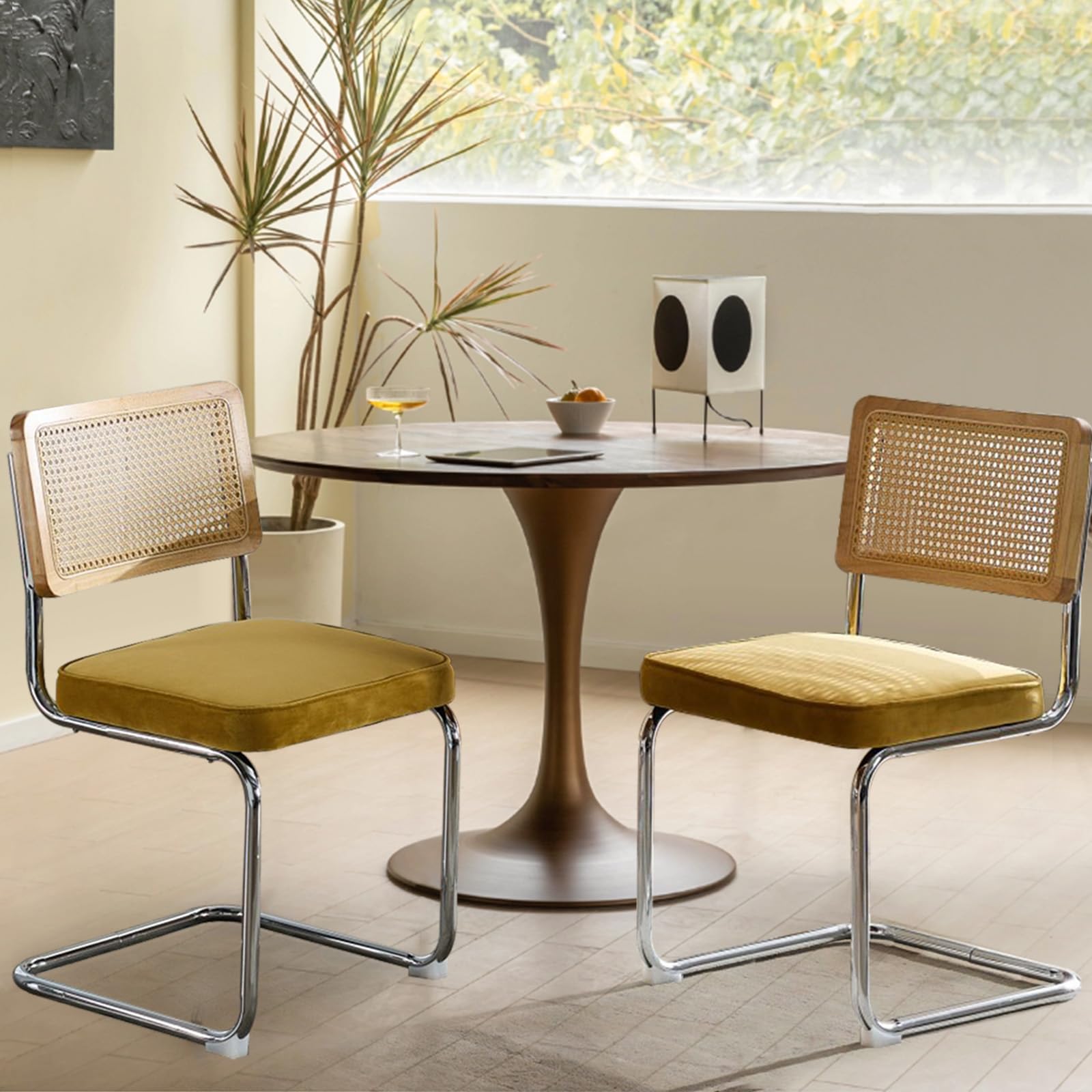 VICBARLEY Rattan Back Velvet Dining Chair Set of 2 Modern Stainless Chrome Base Armless Upholstered Side Chair for Dining Room, Kitchen Island, Gold