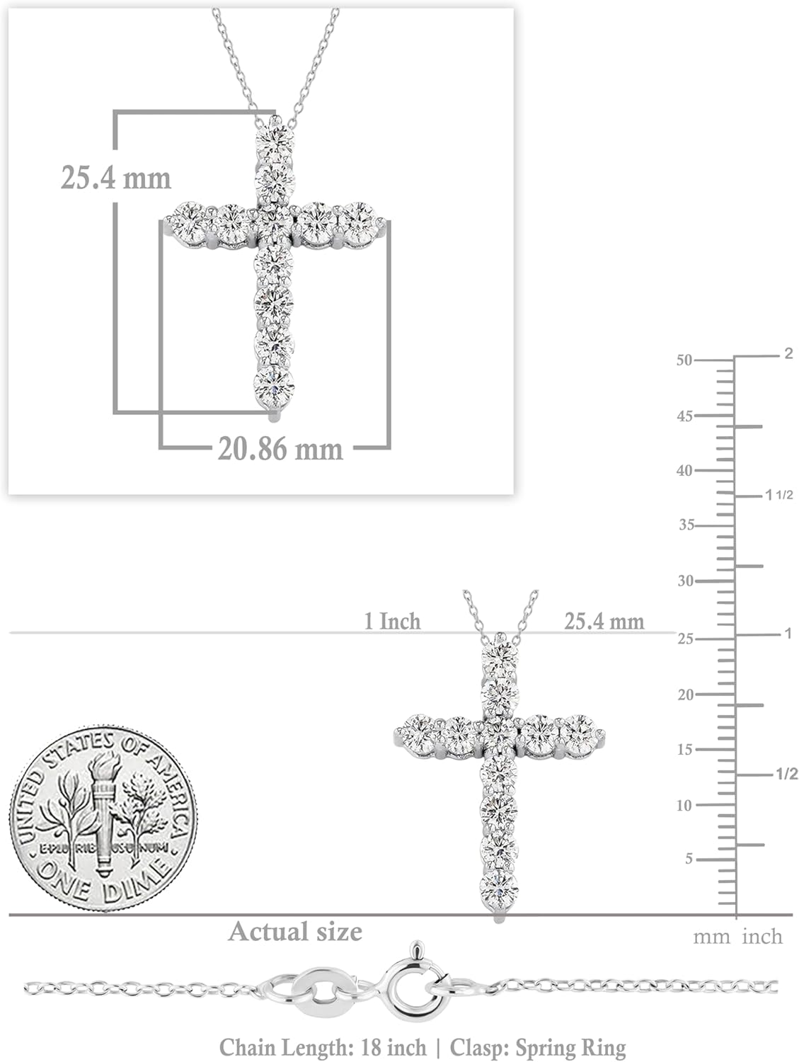 Round Lab Grown White Diamond Classic Cross Pendant with 18 inch Silver Chain for Women in 925 Sterling Silver - Image 5