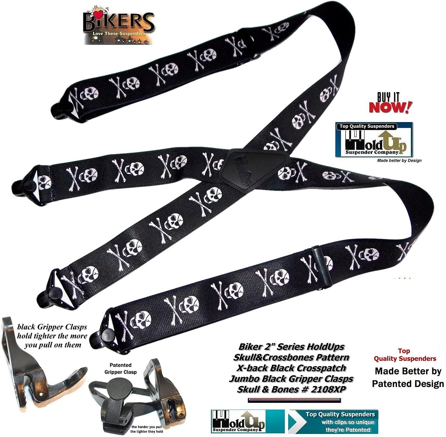 Holdup Suspender Company 2" wide Biker Suspenders for Men with Patented Jumbo black no-slip Clips