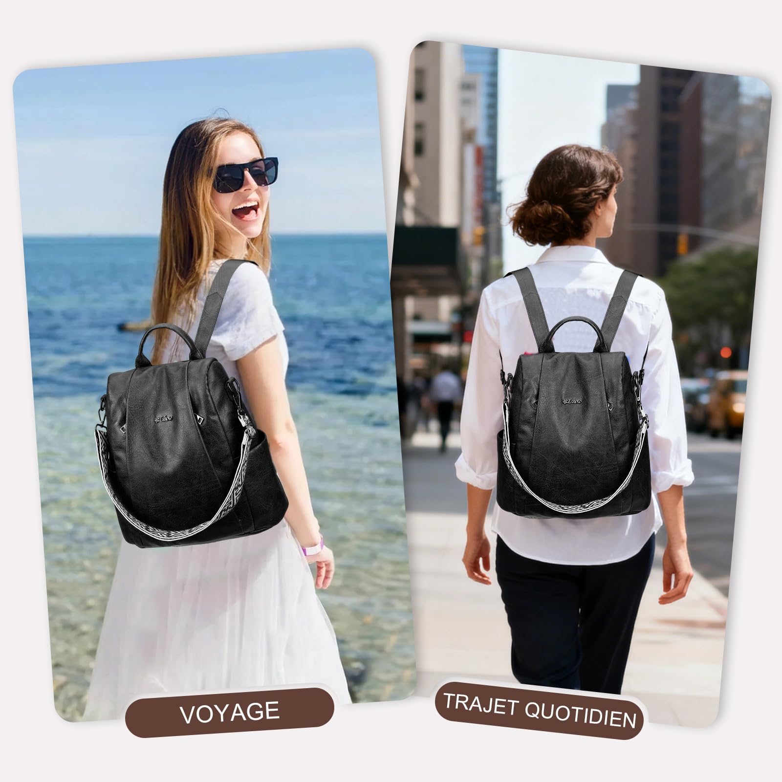Eshow Petit Sac a Dos Femme Antivol, Sacs à Main Portés Dos Elégant Léger Imperméable PU Cuir, Sacoche Bandoulière avec Étui anti RFID & Pochette pour Voyage Travail Loisirs Université Noir