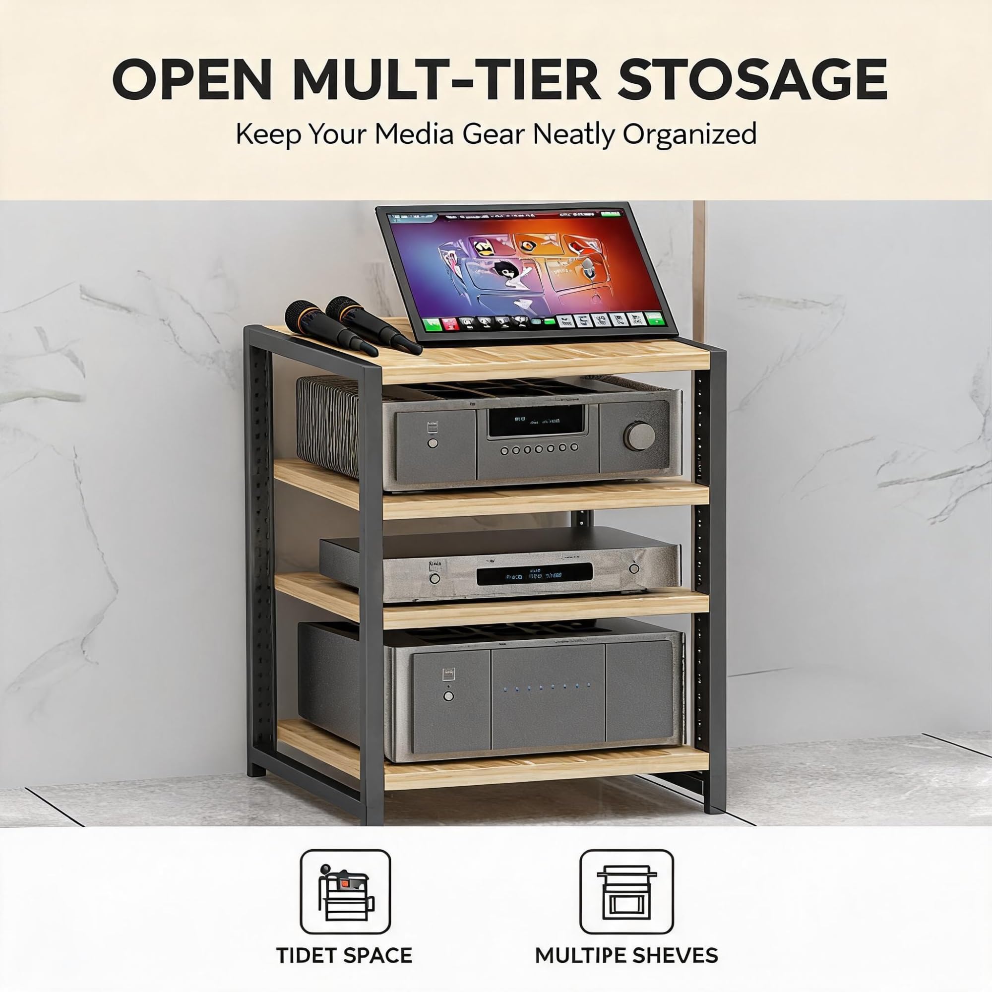 Étagère pour matériel Audio (Disponible en 3/4/5/6 Niveaux) — Support pour Enceintes stéréo, Support pour équipements Audio, Meuble Audio Ouvert(Black,6 Layer)