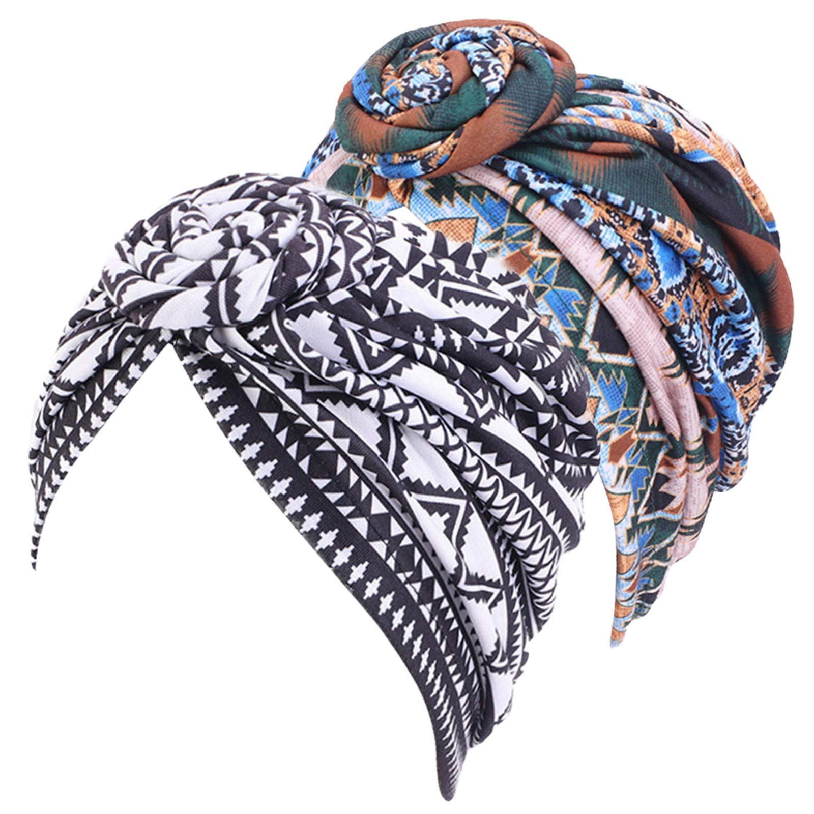 Qianmome 2-5 Pieces Womens Turban Flower African Pattern Headwrap Sleep Beanie Pre-Tied Bonnet Elastic Knot Cap