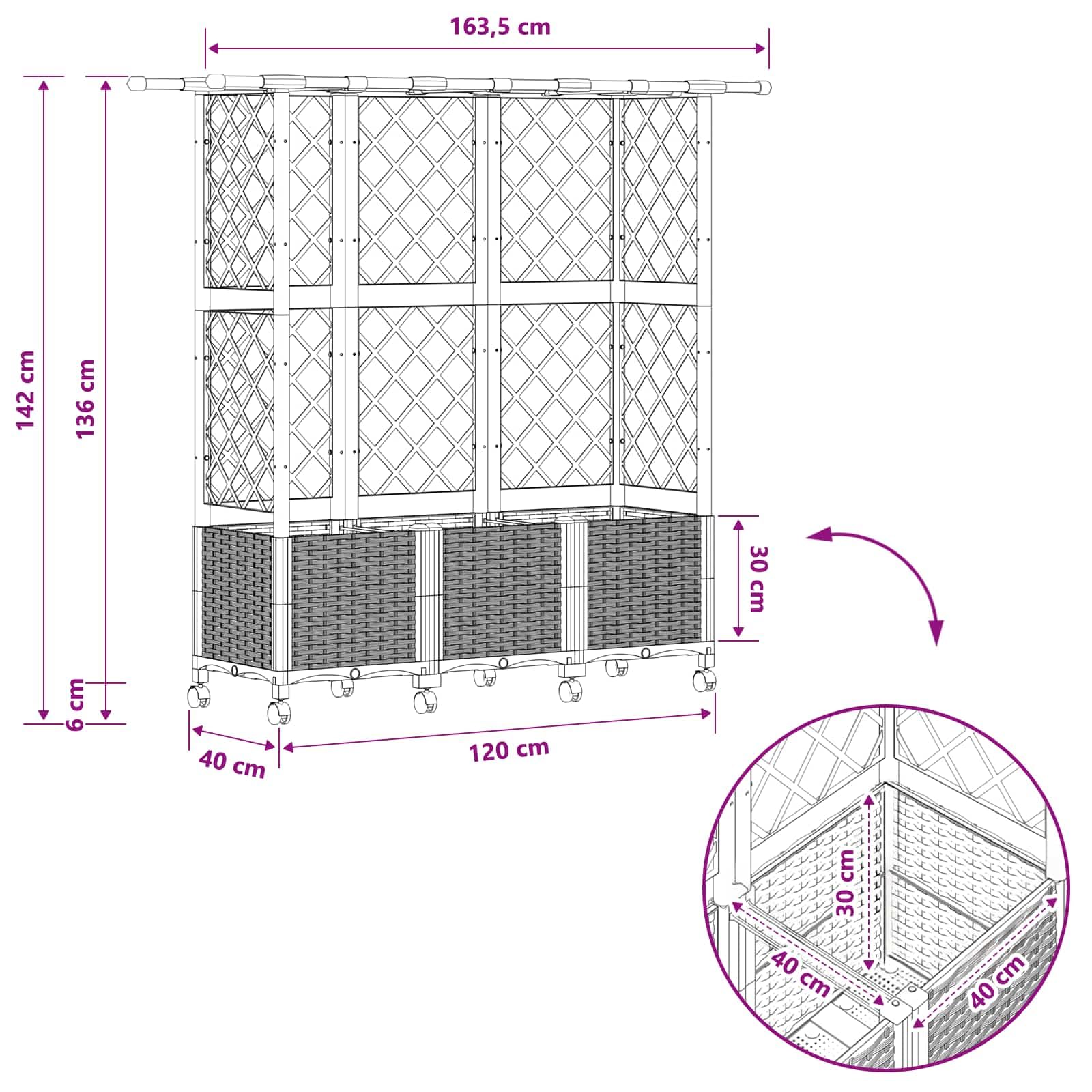 Jardinera con enrejado y techo marrón de polipropileno 163,5 x 40 x 142 cm, maceta para balcón, terraza, jardín, maceta, flores, hierbas, verduras, exteriores, con riego y almacenamiento de