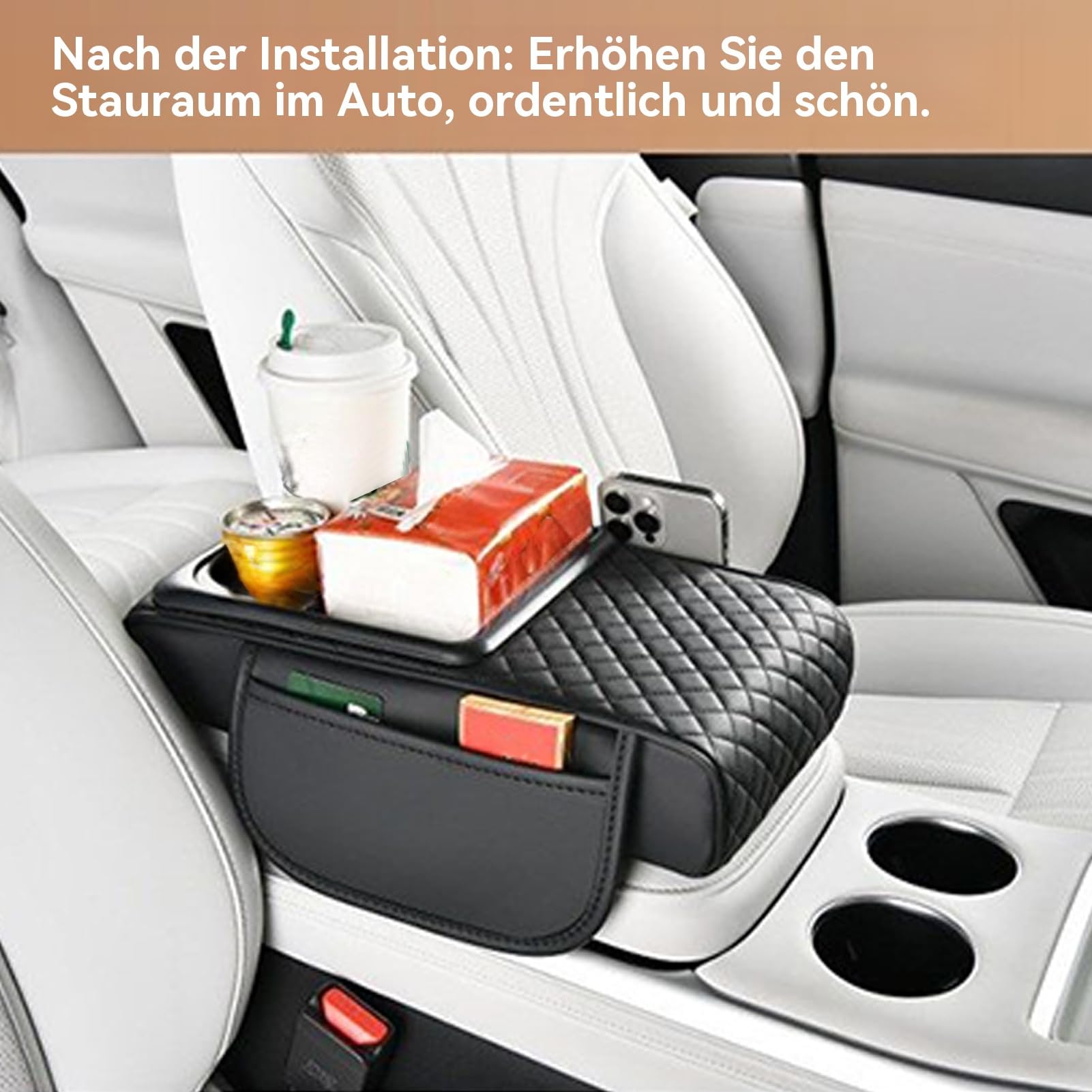 Autoarmruhe -Cover -Pad - künstliche Lederkonsolekissen, Seitentasche Organizer | Ellbogenunterstützung für die Armlehne des Autos, der Becherhalter für Tissue Box, Wasserflasche, Aufbewahrungsaufbewa