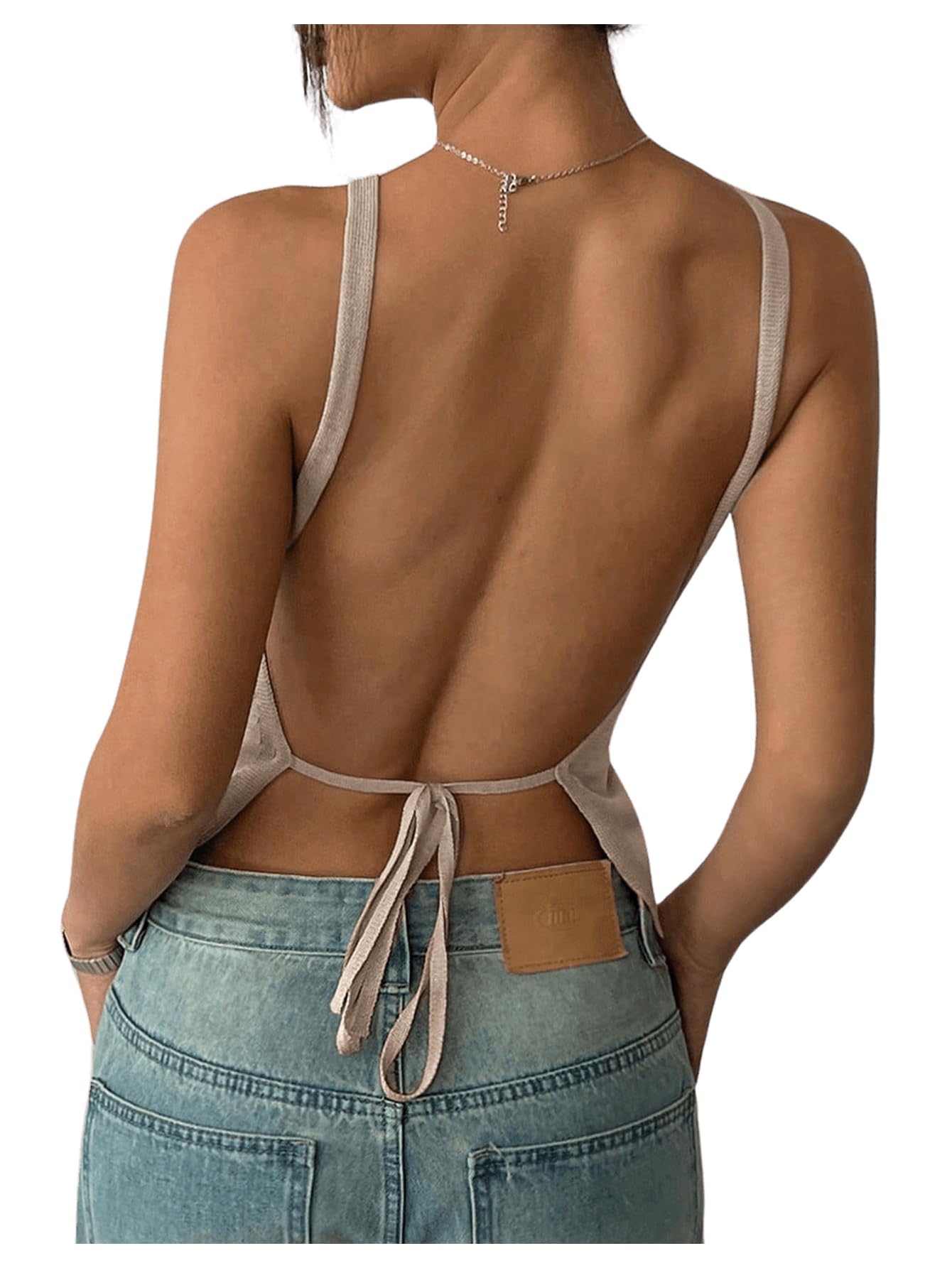 makemechic Women's Tie Open Back Top Knit Backless Spaghetti Strap Going Out Tops-picture-31