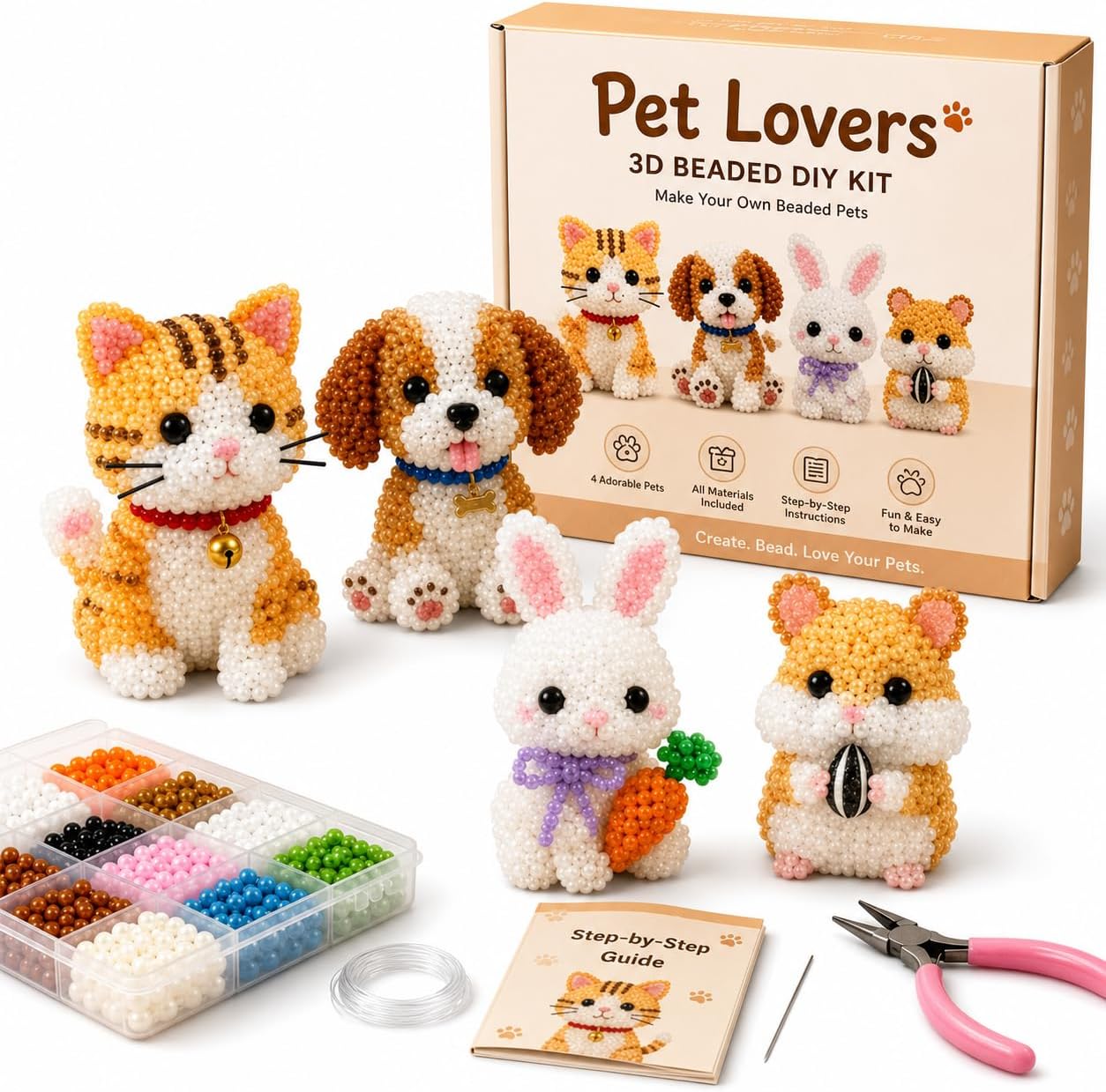 Tiny 3D Beaded Animal DIY Kit, DIY Beading Embroidery Kit with 4 Cute Designs, 3D Animal Themed Beadwork Kit for Beginners & Craft Enthusiasts, with Instructions (Pet Lover)