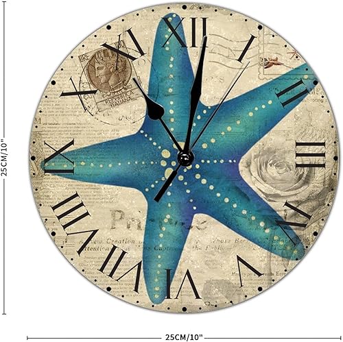 Miniatura 291 de ArogGeld Reloj de pared con diseño de estrella de mar antigua francesa, de cloruro de polivinilo, con números romanos, de 10 pulgadas, funciona