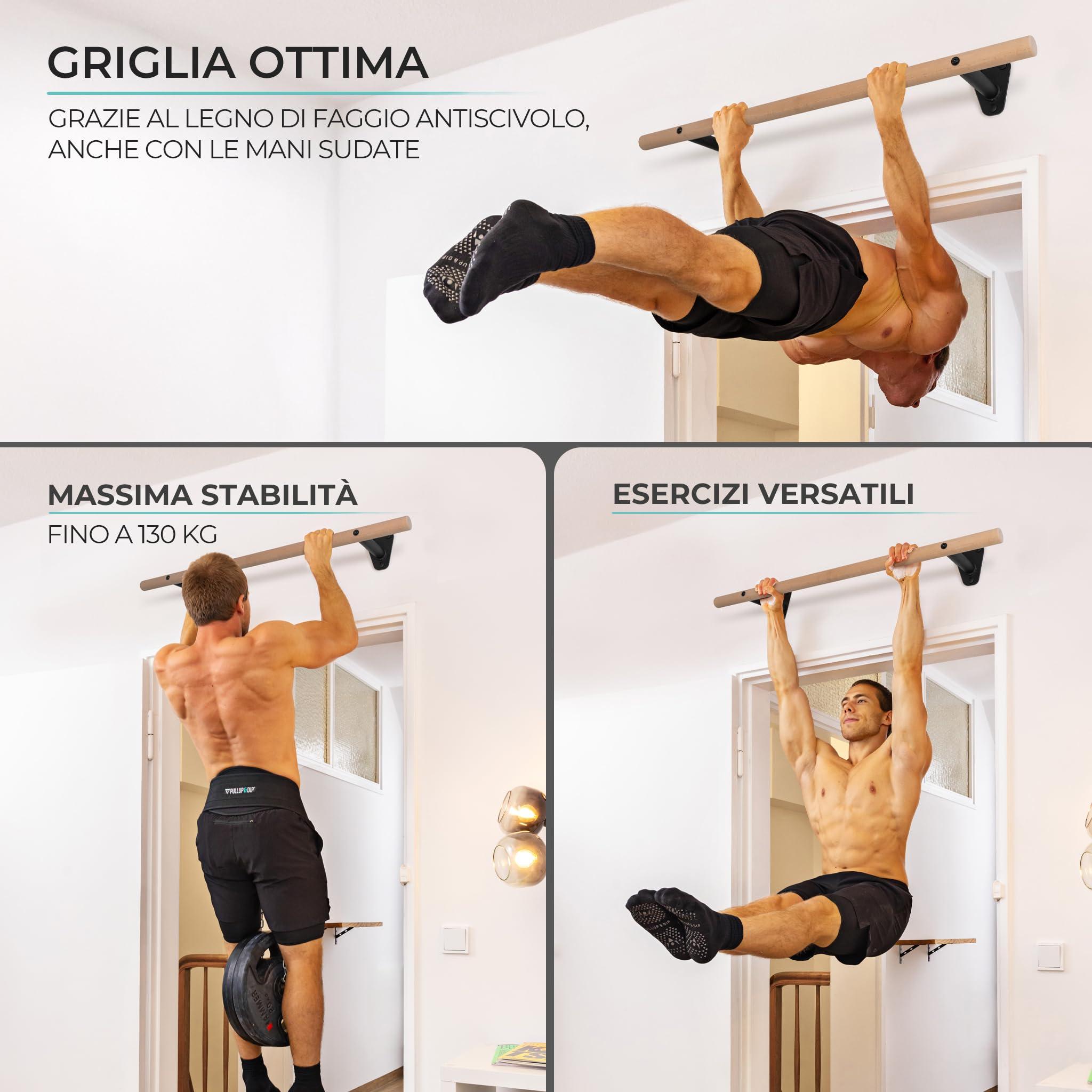 PULLUP & DIP barra per trazioni in legno di faggio – da fissare a parete sopra il telaio della porta – barra 40 mm per trazioni e forza di presa – barra da parete per palestra domestica