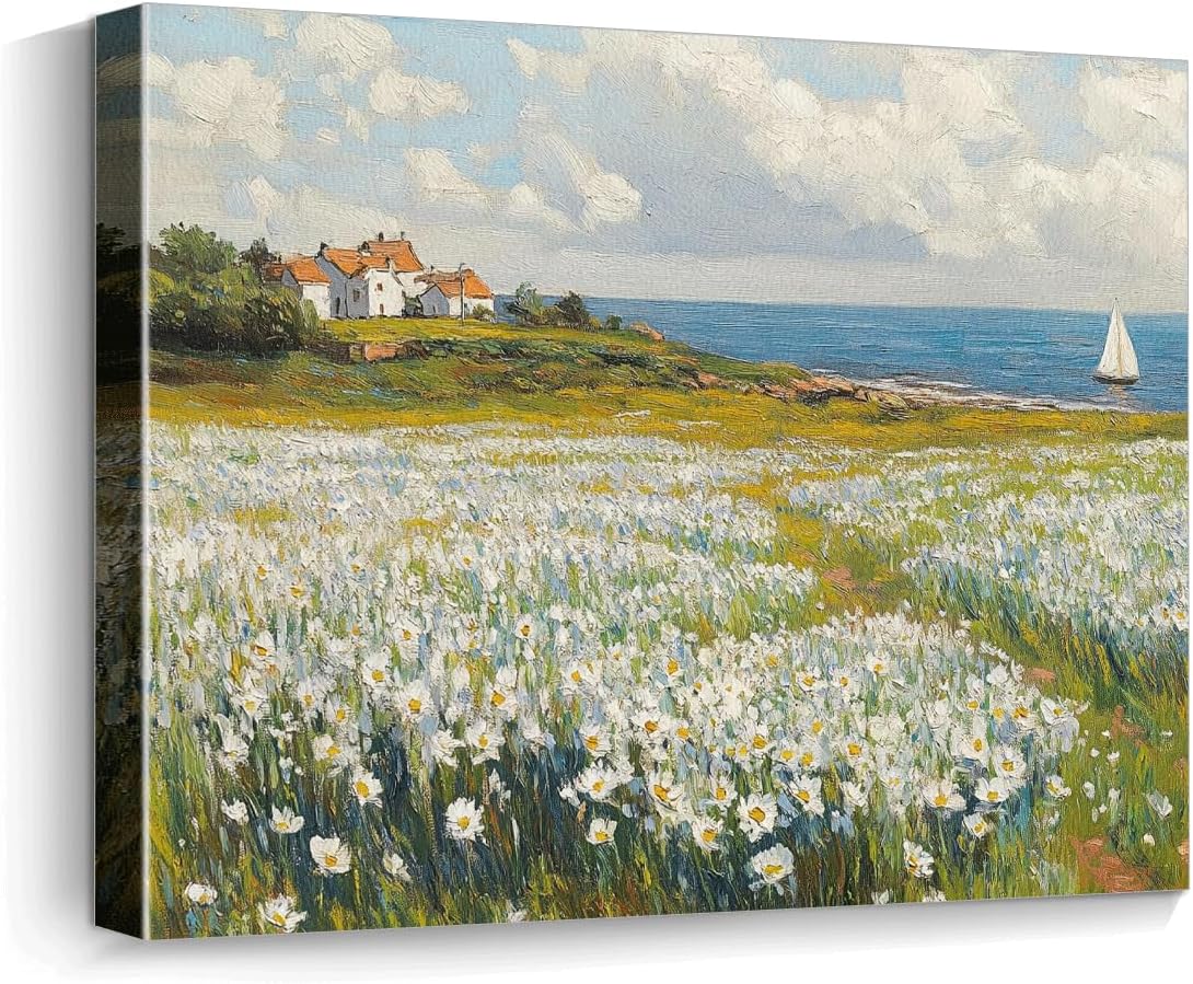 WOXZQ Vintage Coastal Landscape Wall Art, Cottagecore Daisy
