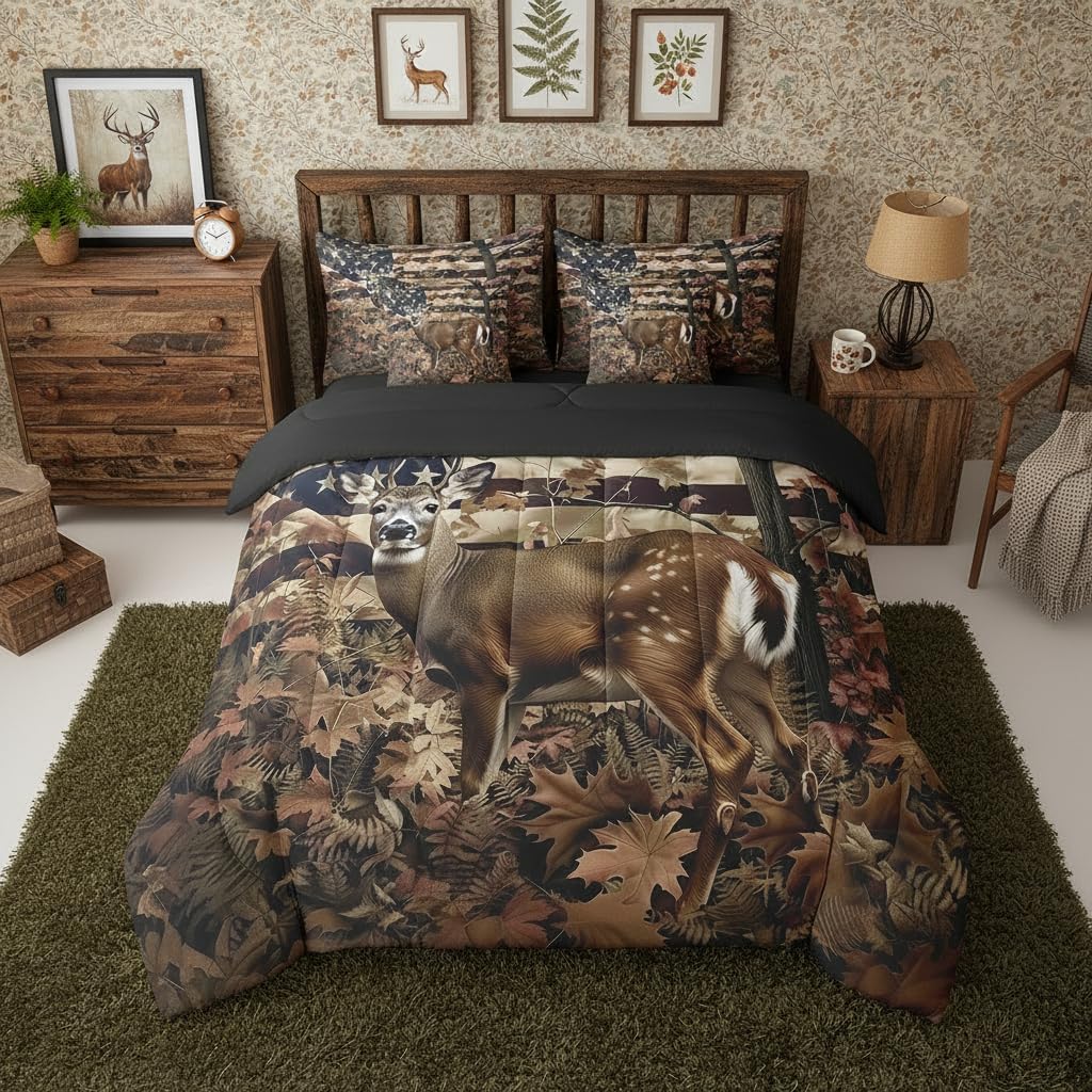 Feelyou 7 Piece Cute Deer Bed in a Bag Queen for Boys Kids Deer Hunting Sheet Set,American Flag Camo Bed Set for Girls Women Cabin Deer Bedding Set with Comforter Wildlife Cushion Covers